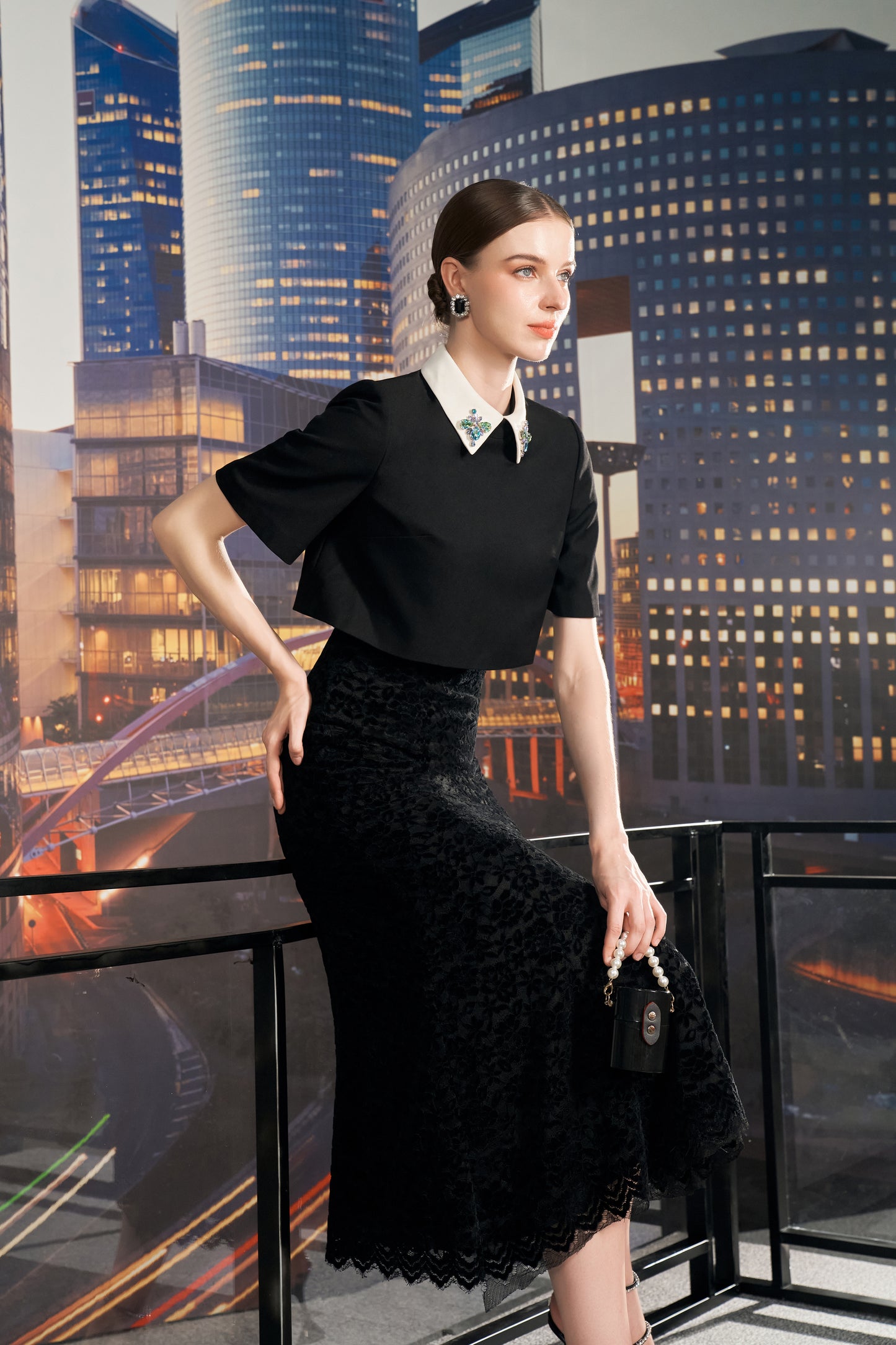 Black Lace A-Line Midi Dress with Embellished Collar
