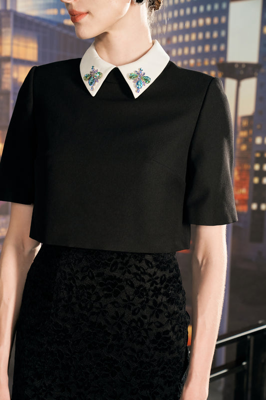 Black Lace A-Line Midi Dress with Embellished Collar