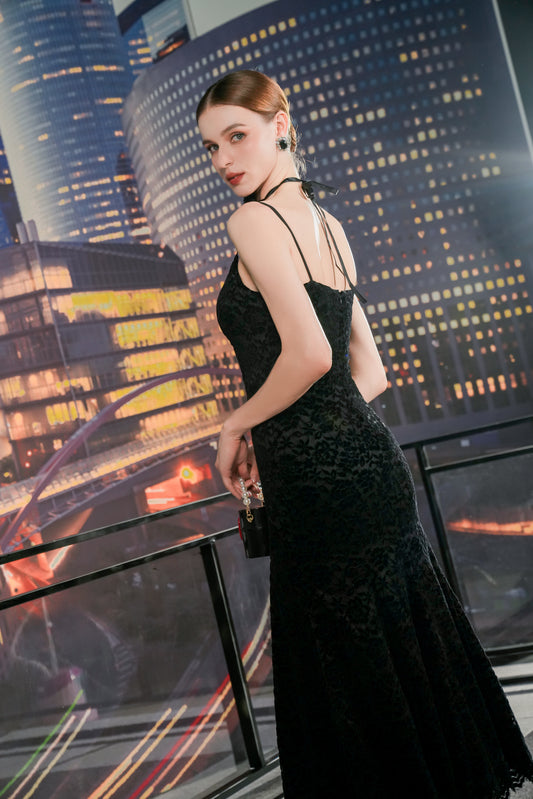 Black Lace Midi Dress with Spaghetti Straps & Floral Choker