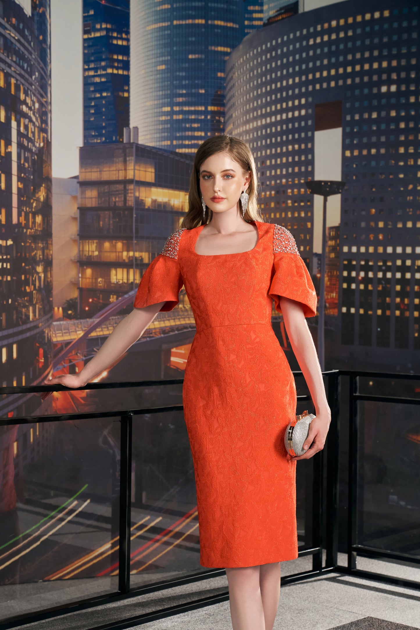 Orange Lace Dress with Puff Sleeves and Embellished Shoulders