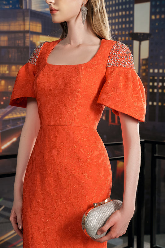 Orange Lace Dress with Puff Sleeves and Embellished Shoulders