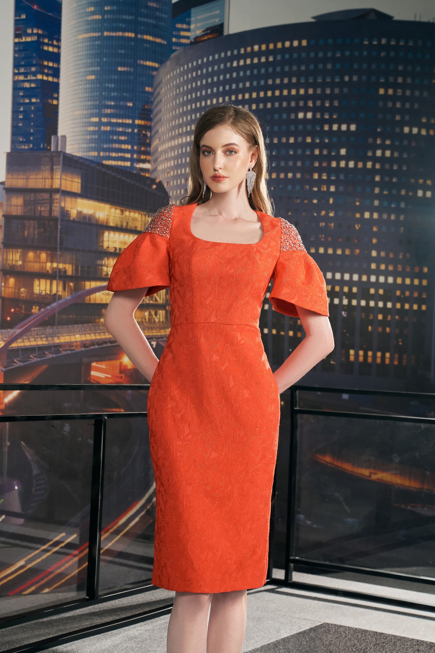 Orange Lace Dress with Puff Sleeves and Embellished Shoulders