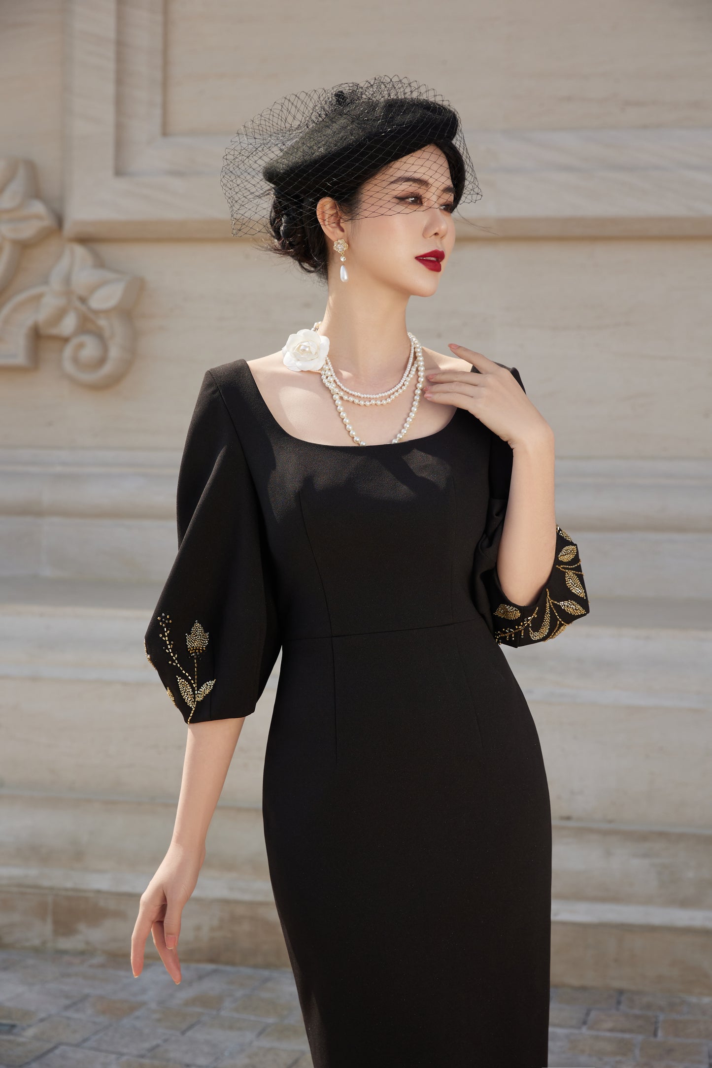 Black Midi Dress with Embroidered Puff Sleeves, Vintage-Inspired Square Neckline