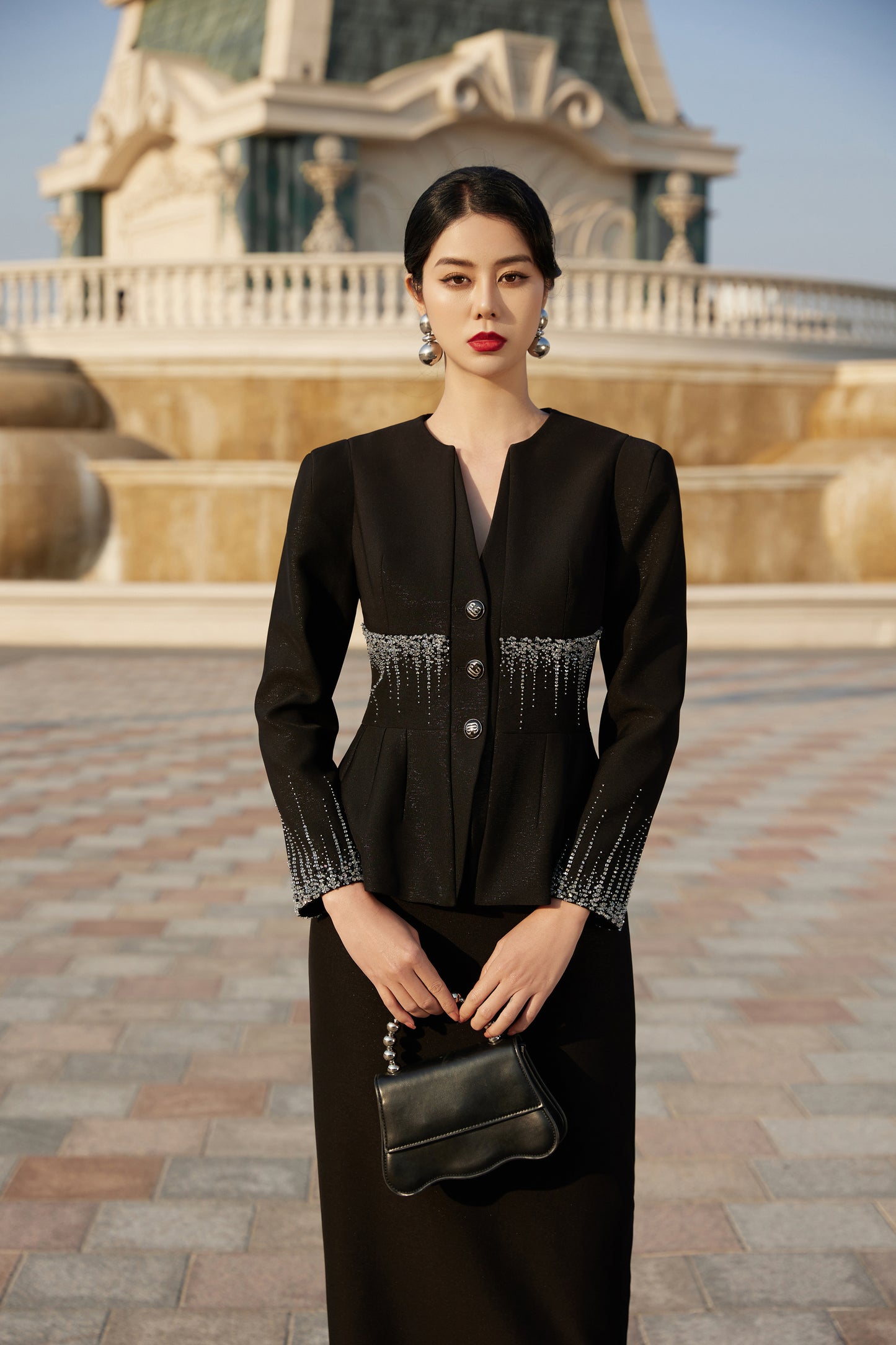Black Peplum Suit Vintage-Inspired Midi Skirt Set