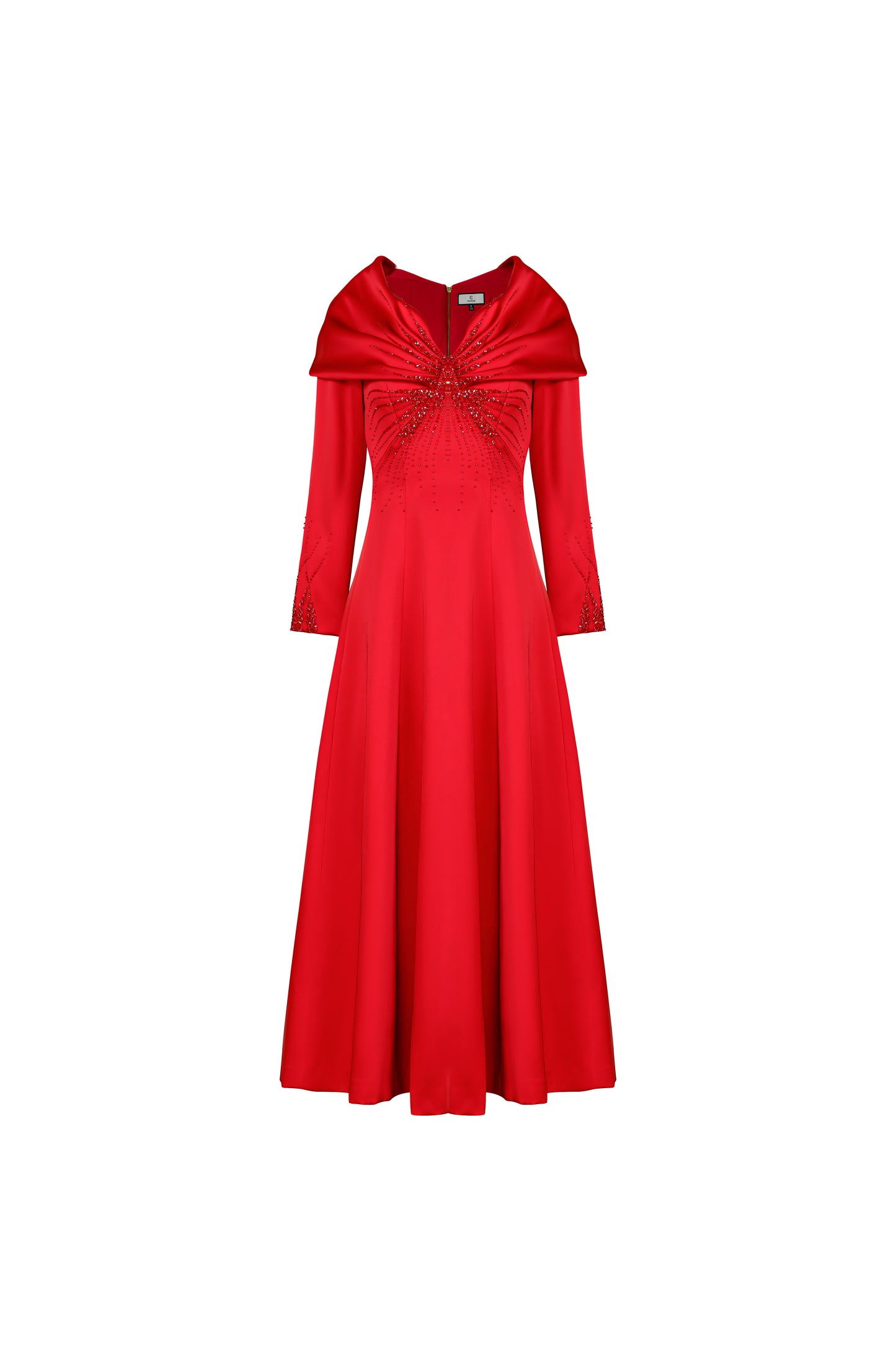 Red Satin Evening Gown with Embellished V-Neck and Long Sleeves