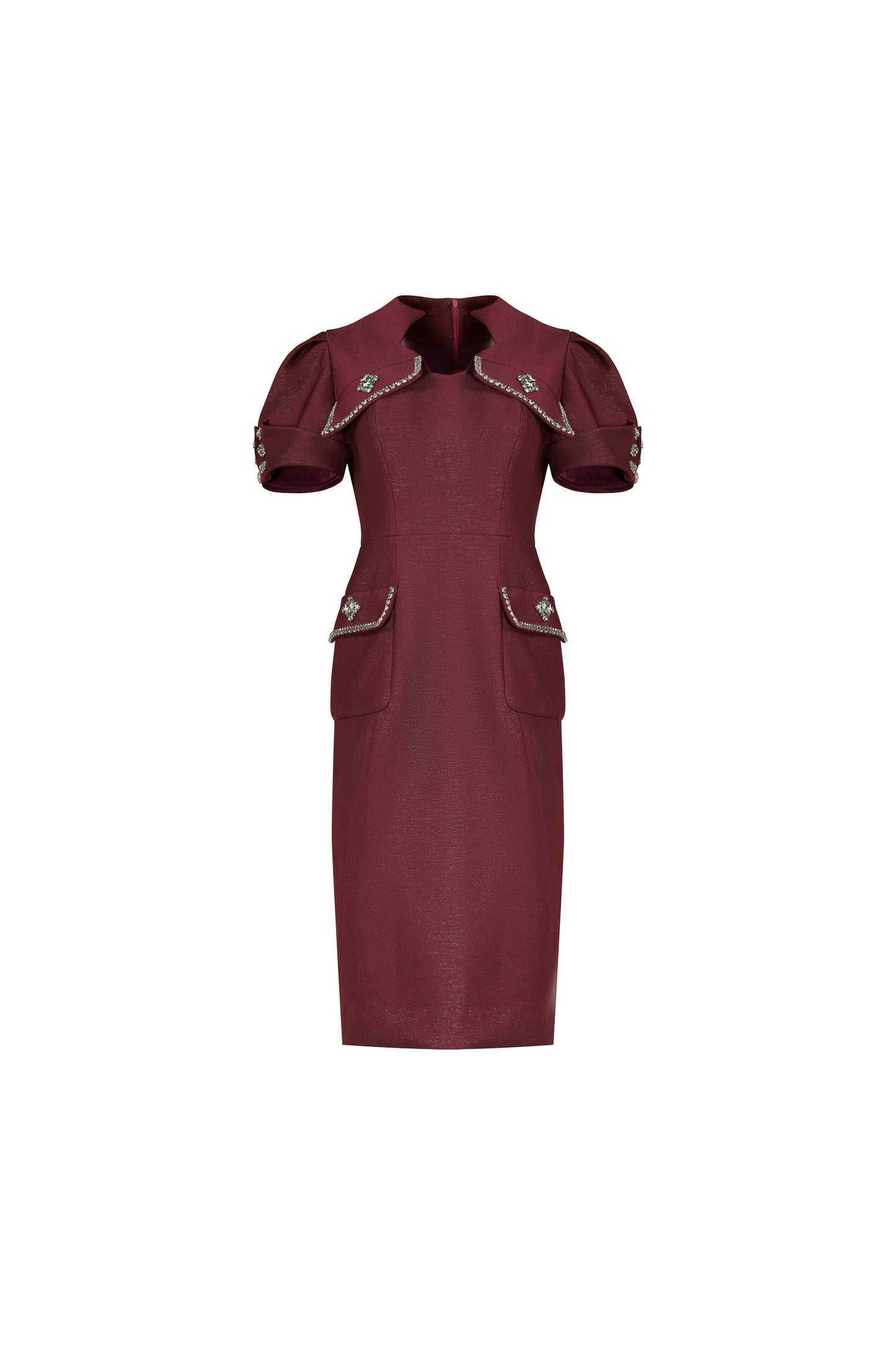 Formal Red Peplum Blazer and Pencil Skirt Set with Embellished Collar
