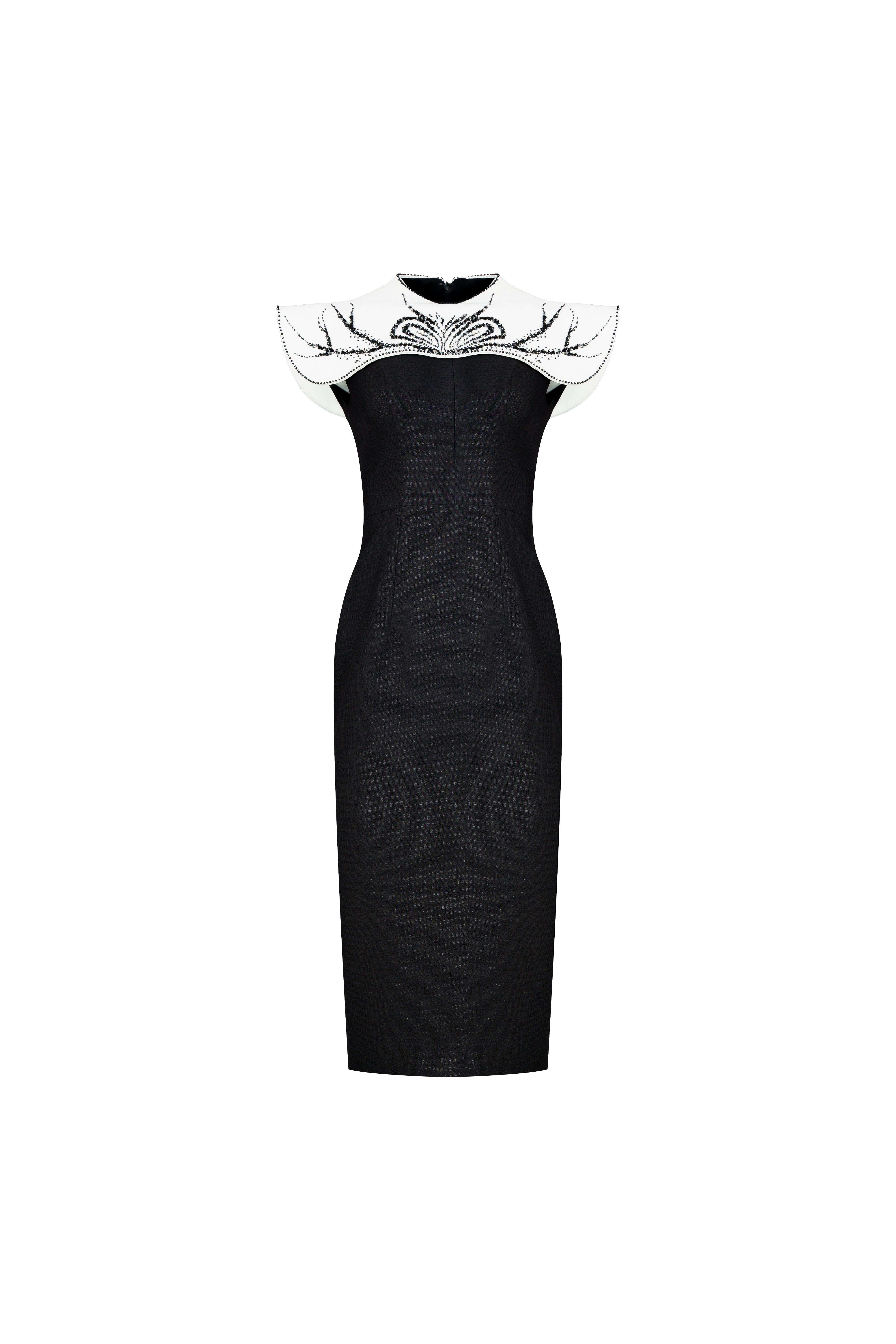 Black Midi Dress with Embellished White Collar My Store Black Midi Dress with Embellished White Collar My Store