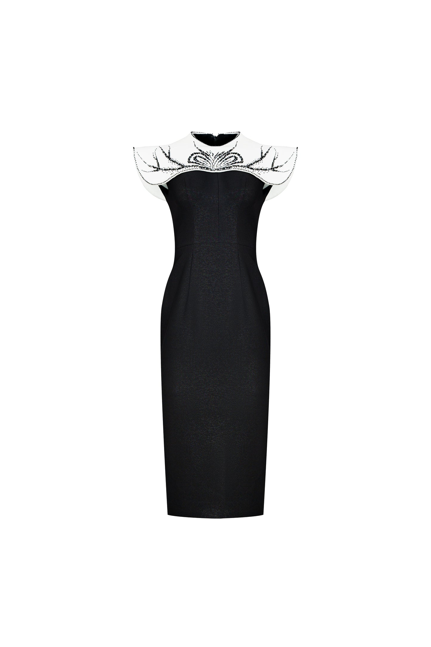 Black Midi Dress with Embellished White Collar