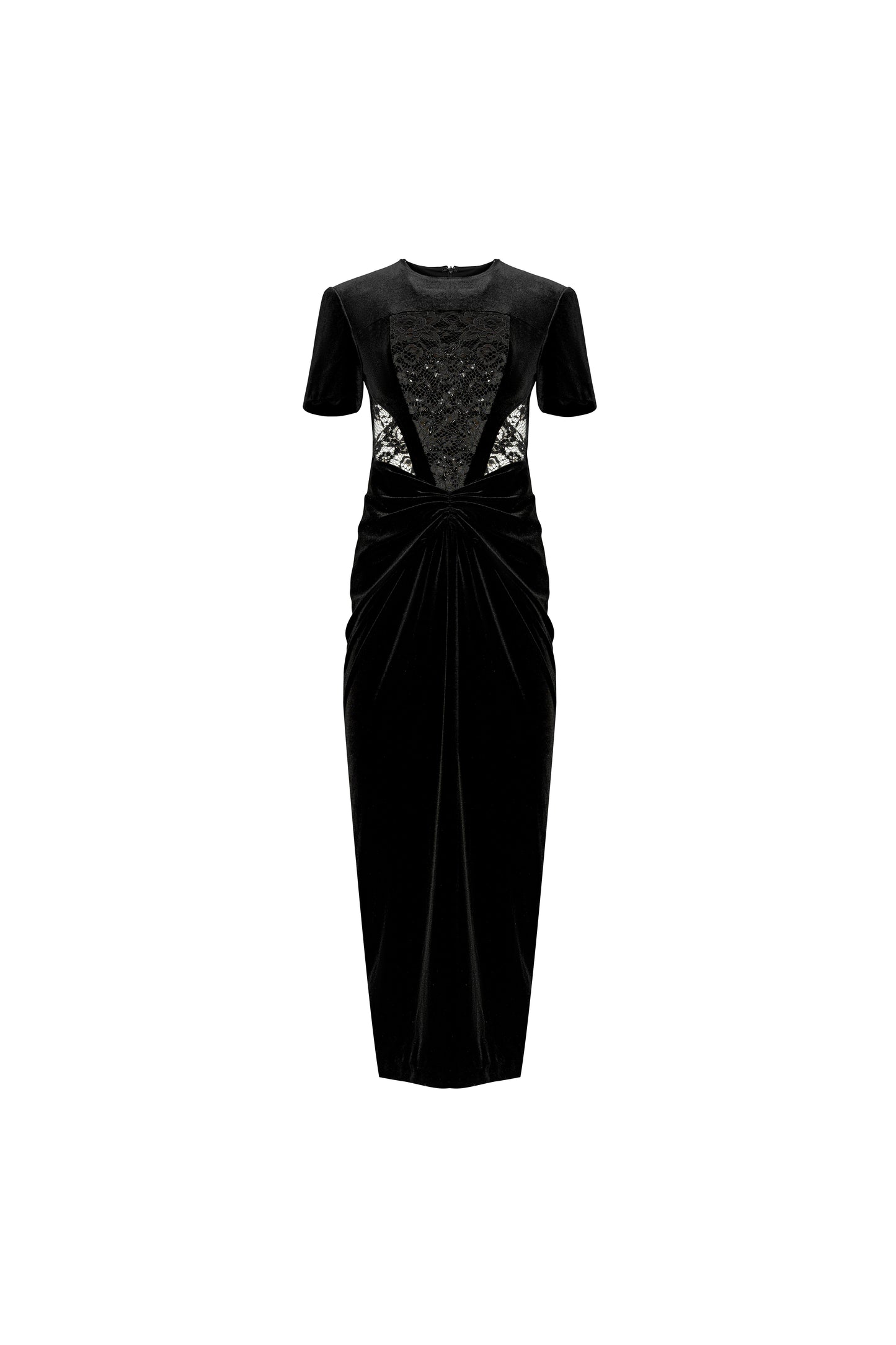 Black Velvet Dress with Lace Panel and Draped Detail