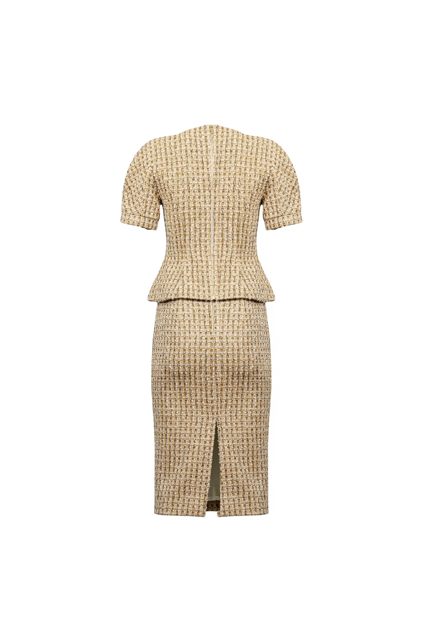 Tweed Two-Piece Suit with Short Sleeves and Pencil Skirt