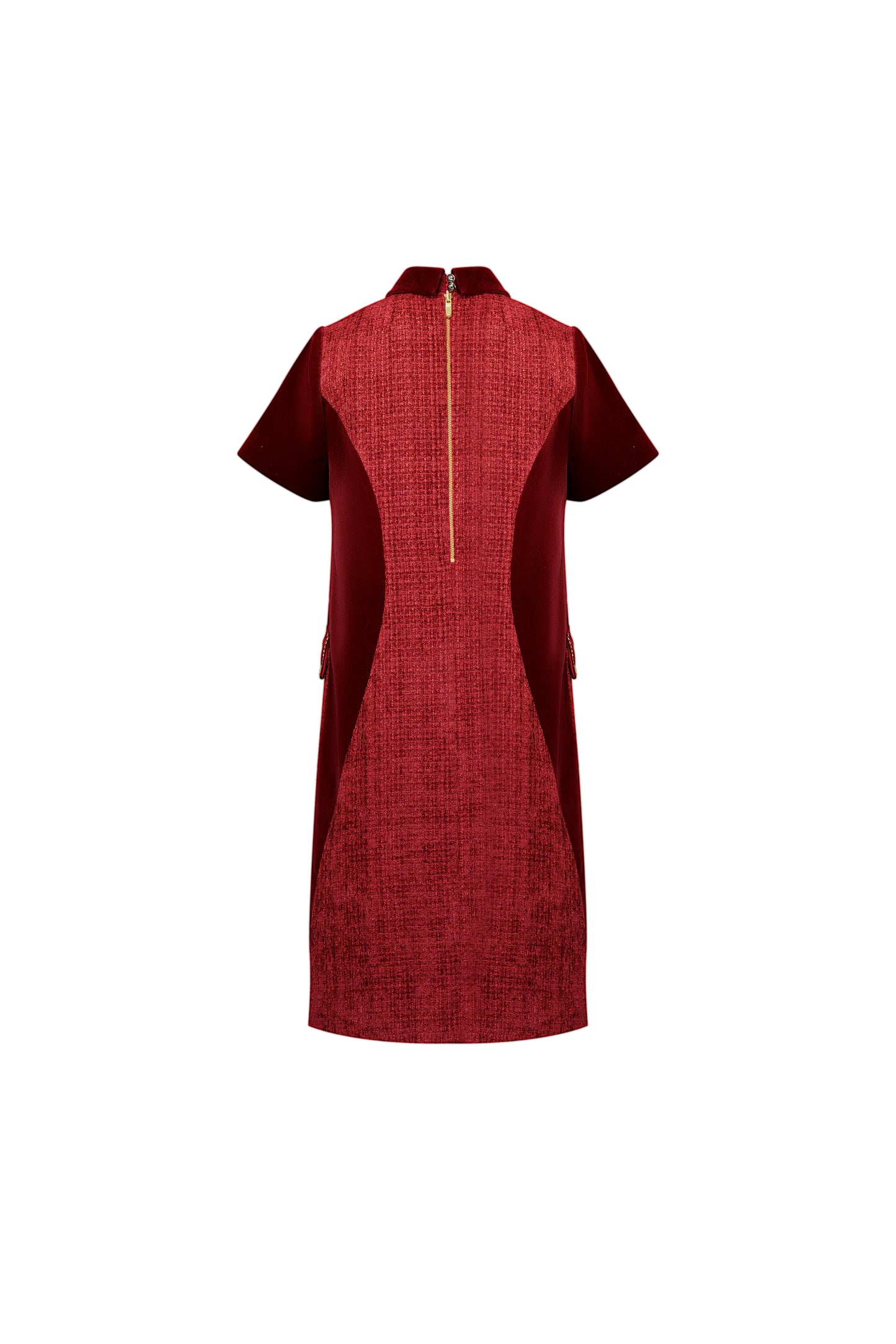 Chic Burgundy A-Line Dress with Velvet Accents and Embellished Collar