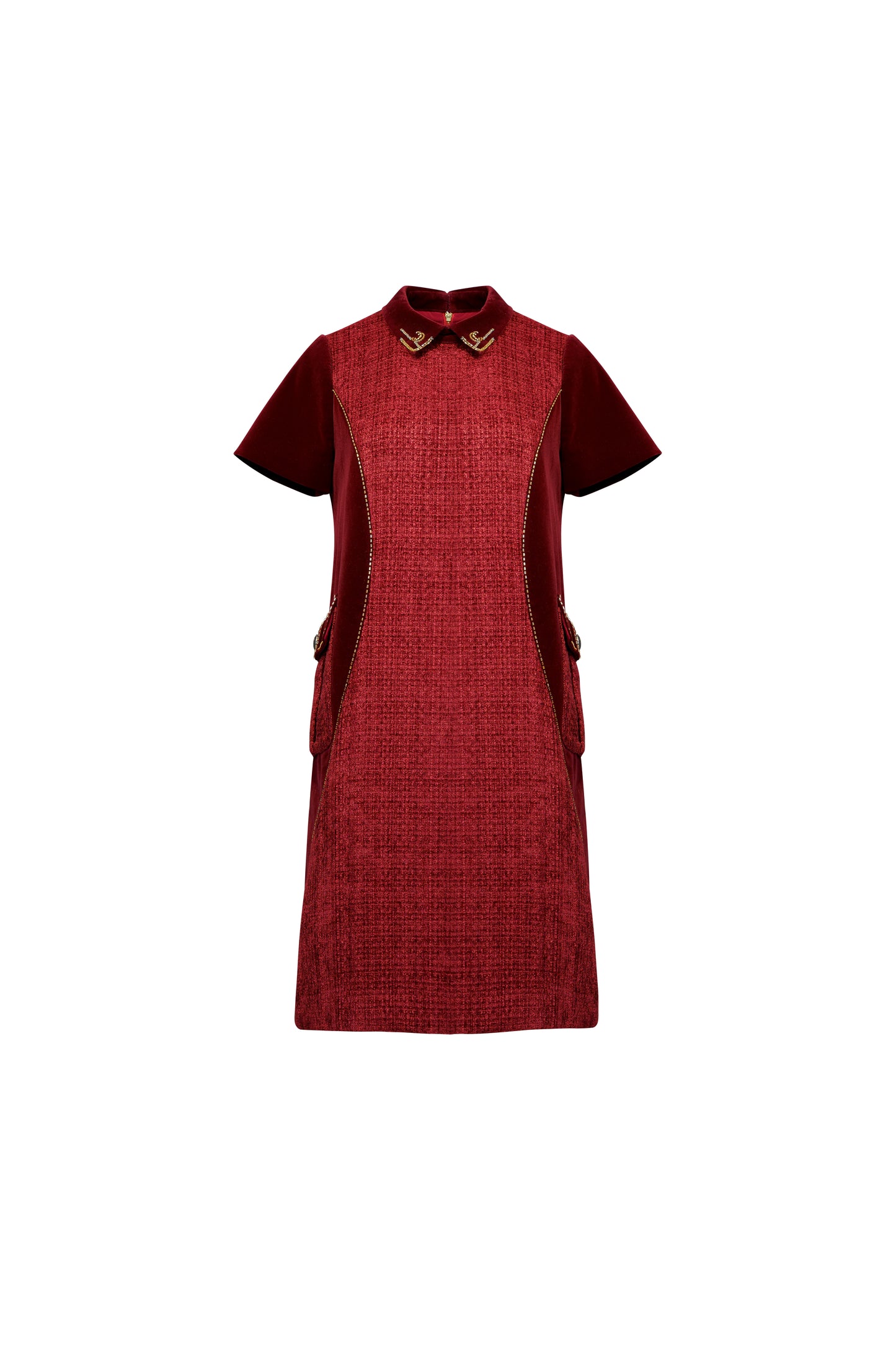 Chic Burgundy A-Line Dress with Velvet Accents and Embellished Collar