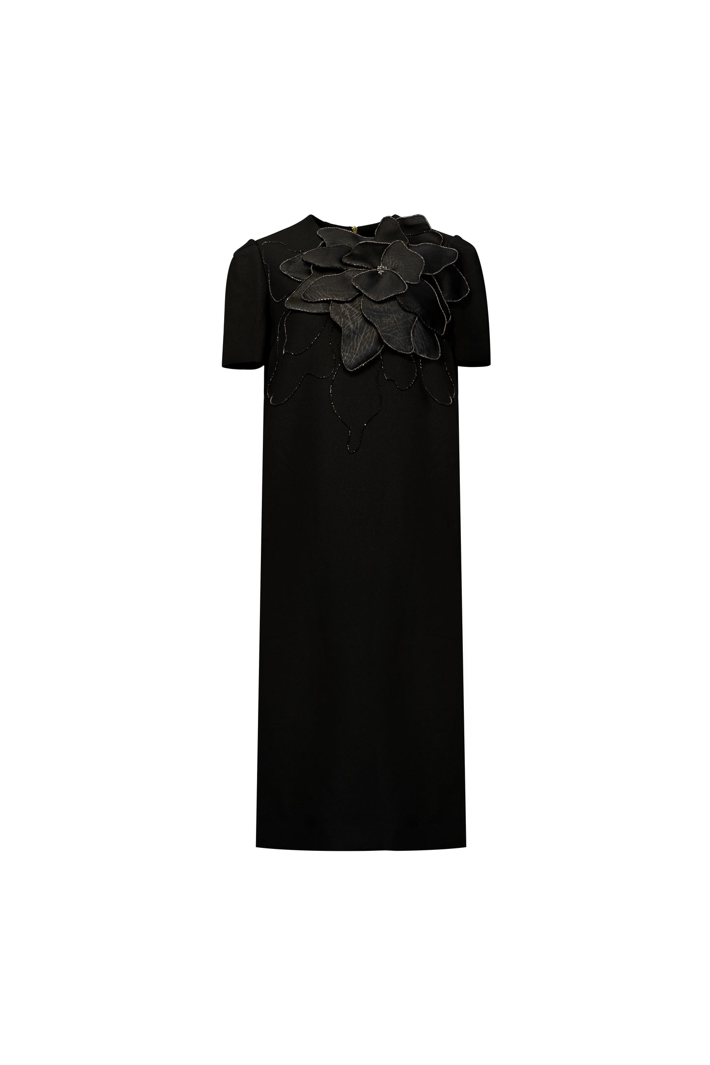 Black Gabardine Dress with Silk Floral Applique
