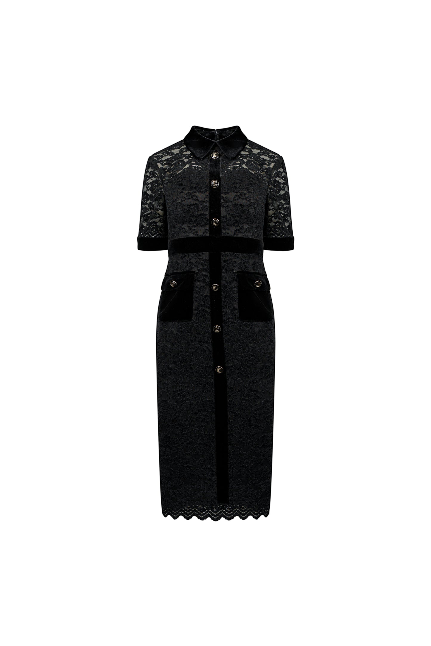 Black Lace and Velvet Button-Down Midi Dress