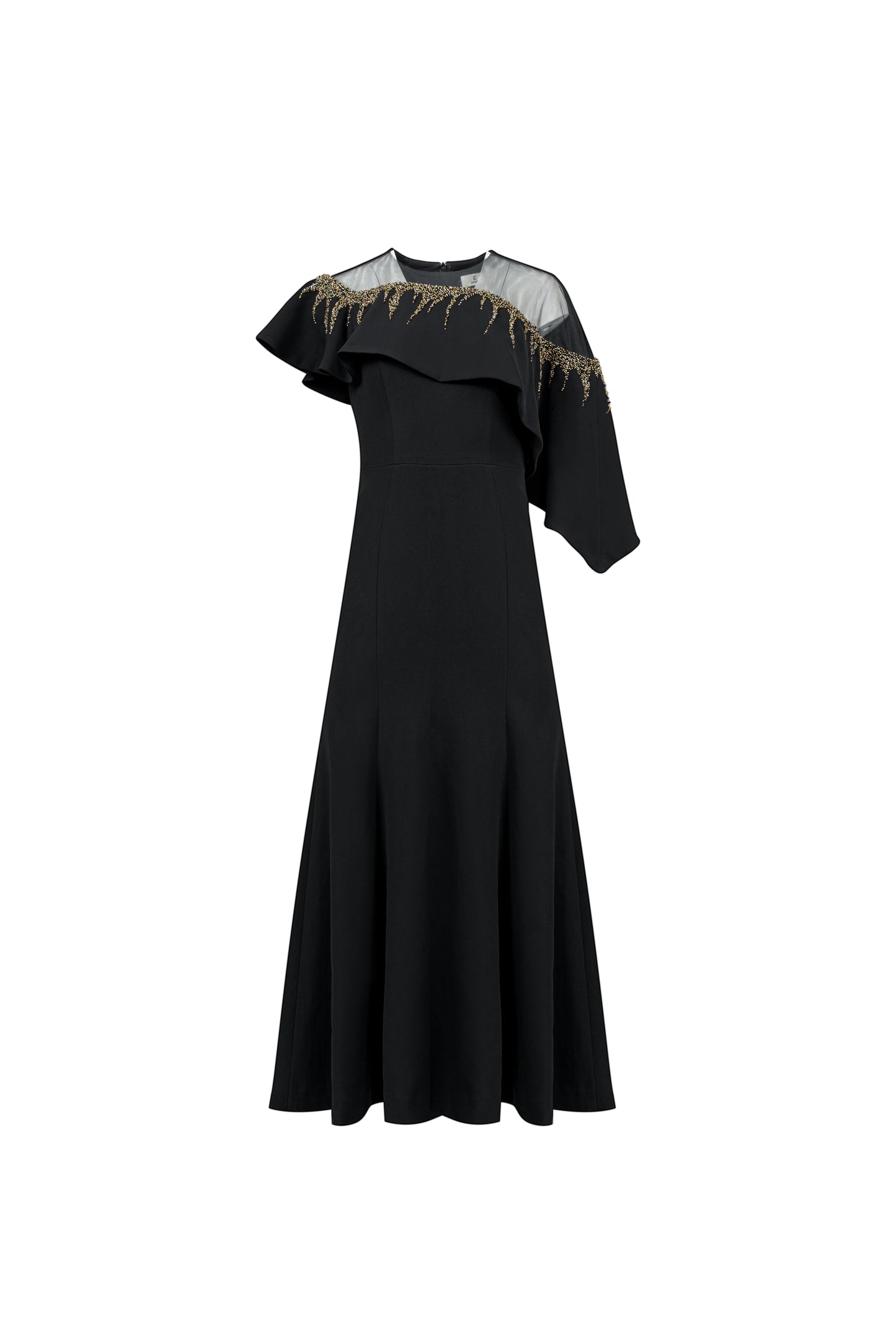 Le SoLeil Twill One-Shoulder Maxi Dress with Embroidered RuffLe