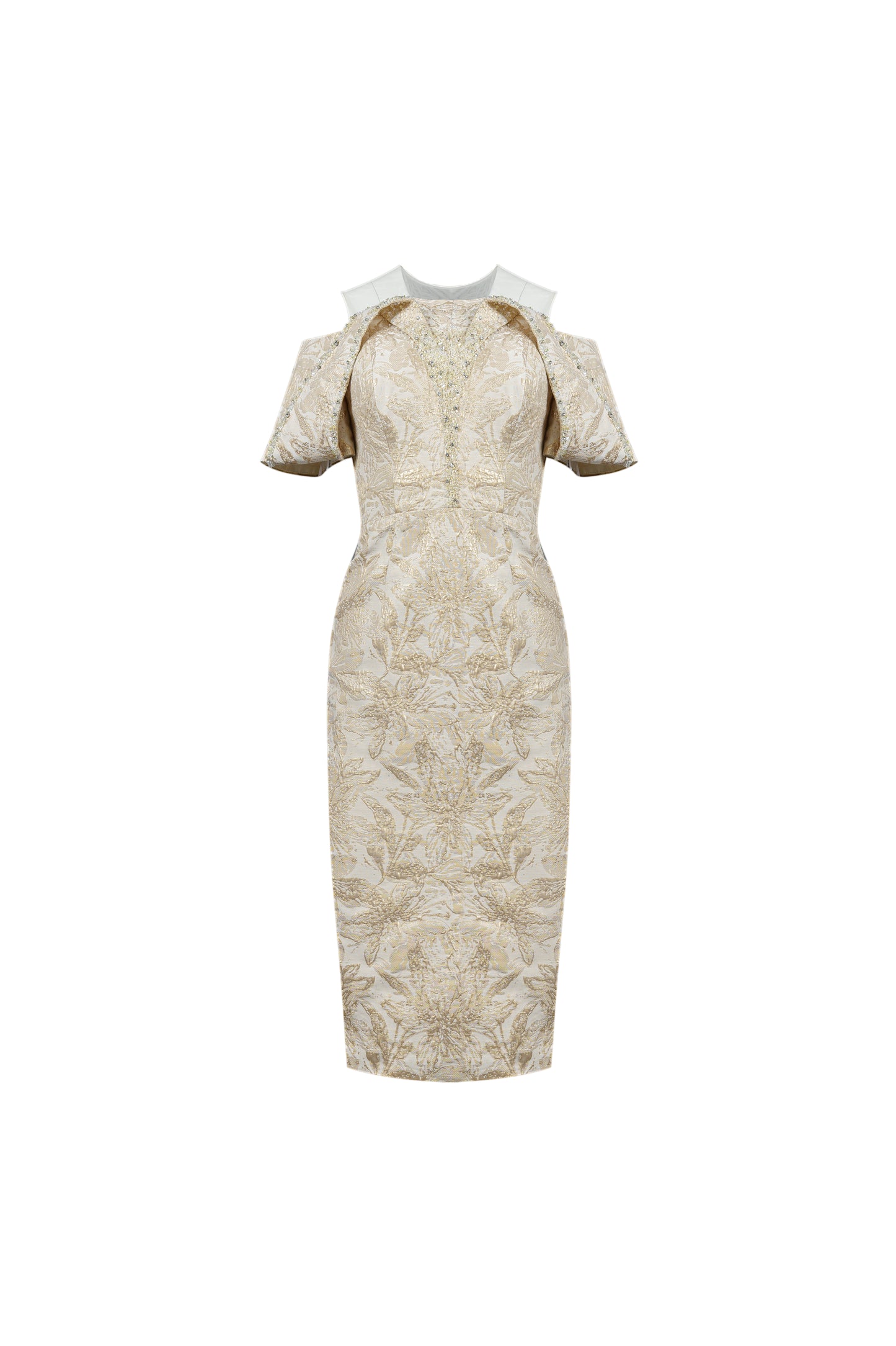 Le Soleil Off-Shoulder Jacquard Brocade Midi Dress