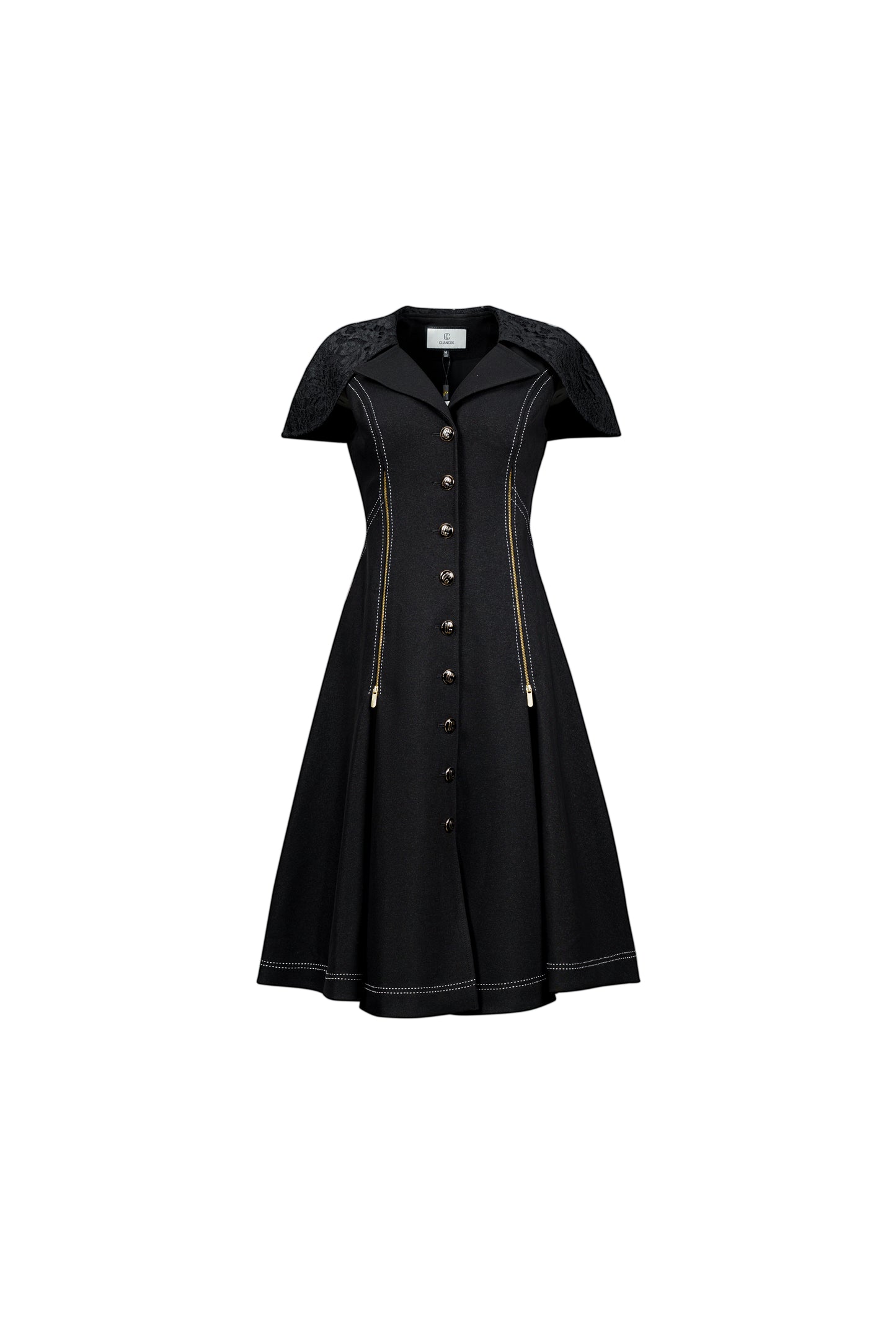 Black A-Line Button-Up Midi Dress with Cape Sleeves