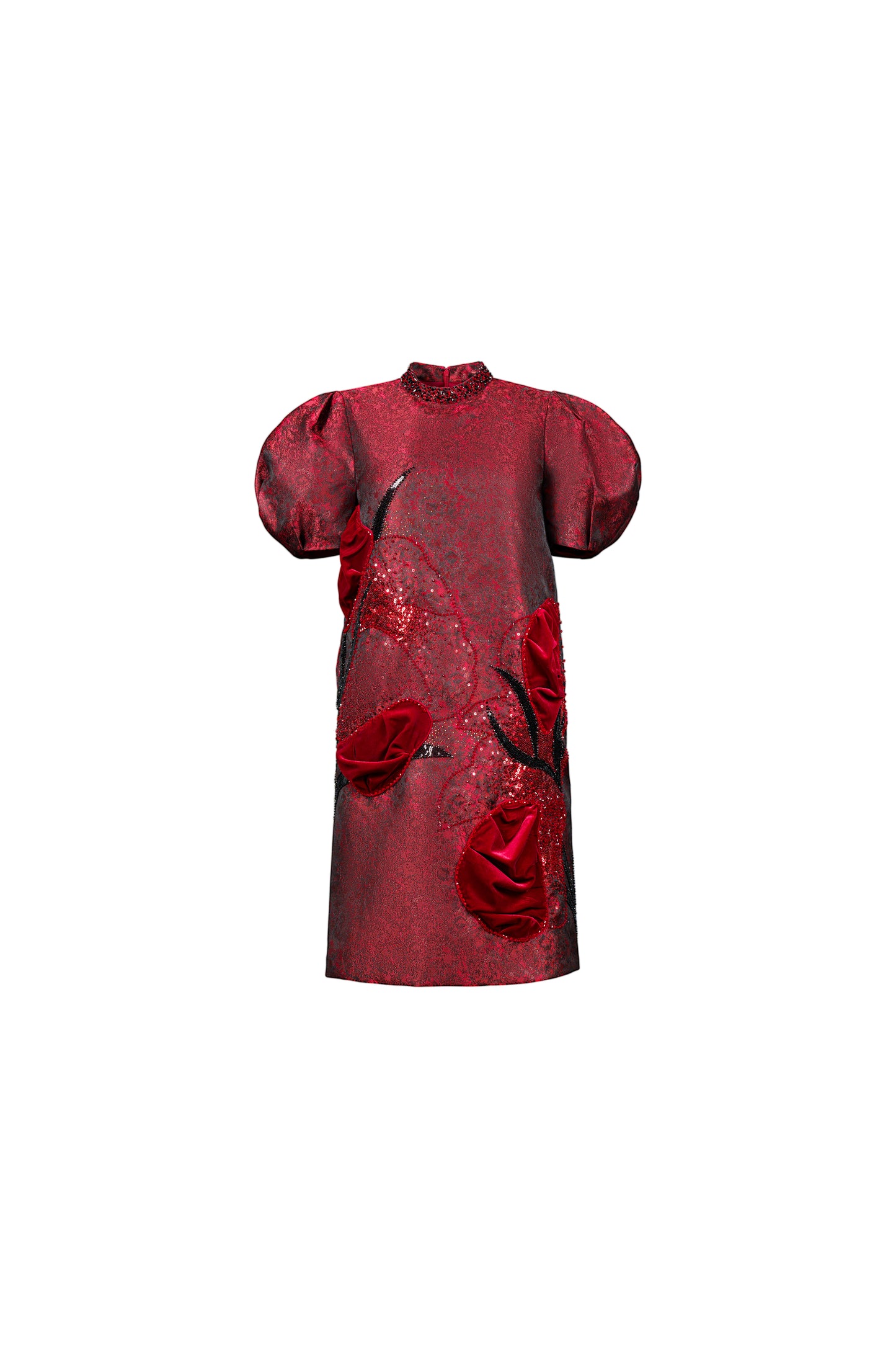 Le SoLeil Jacquard Silk Puff SLeeve A-Line Dress