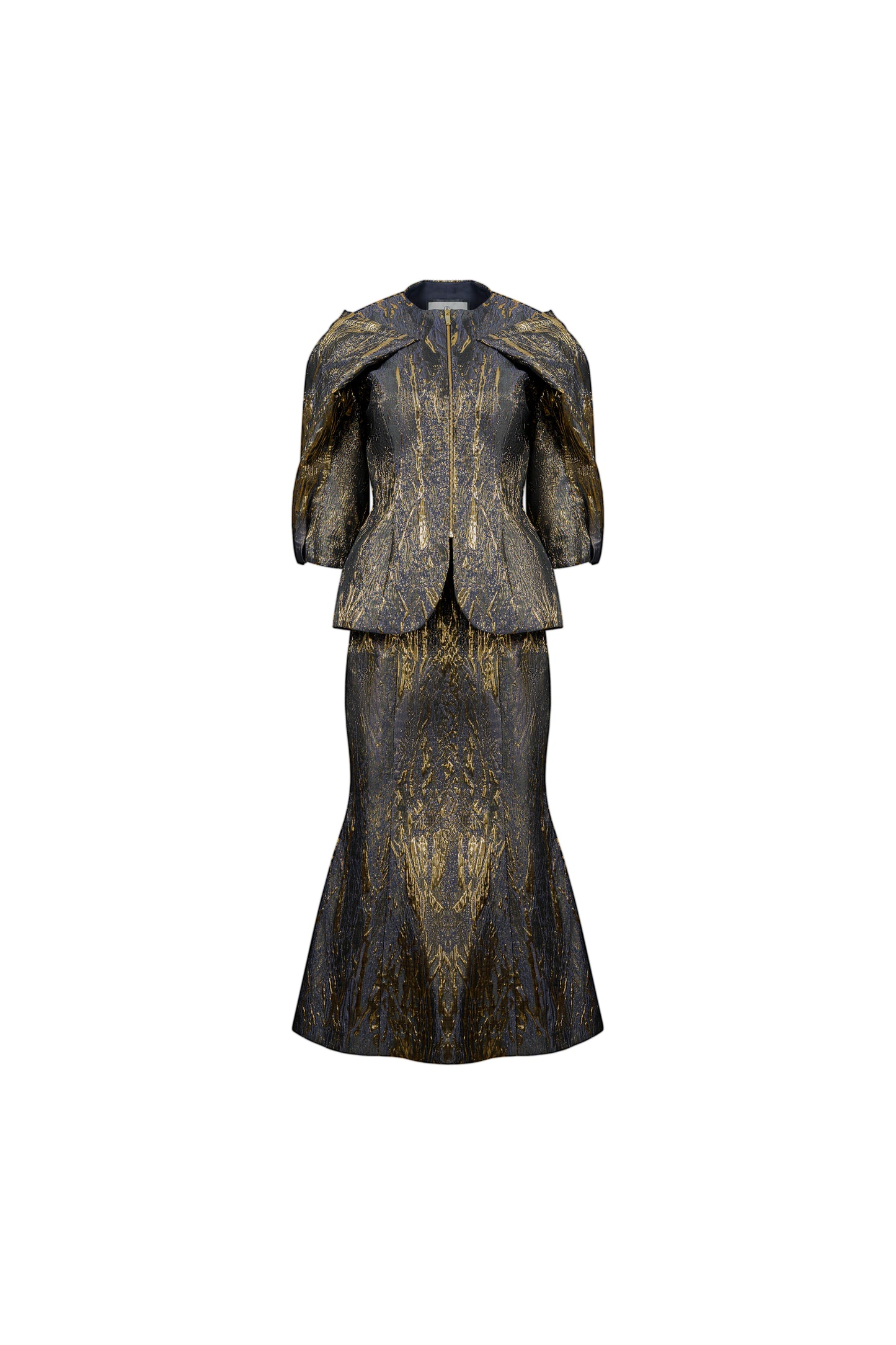 Jacquard Brocade Skirt and Blouse Set with Bow Detail