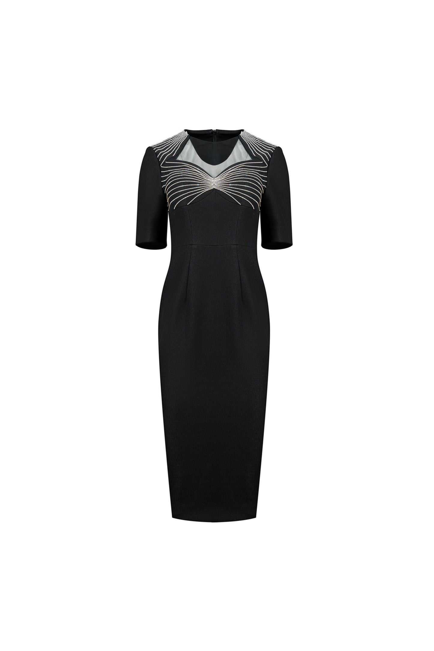 Le SoLeil Gabardine Dress with Mesh Yoke and Embroidered Detail