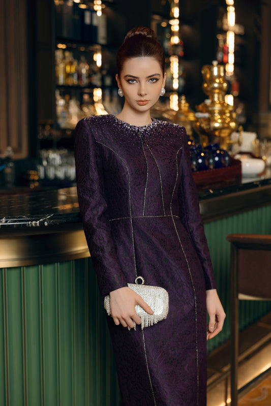 Plum Lace Evening Dress with Crystal Accents