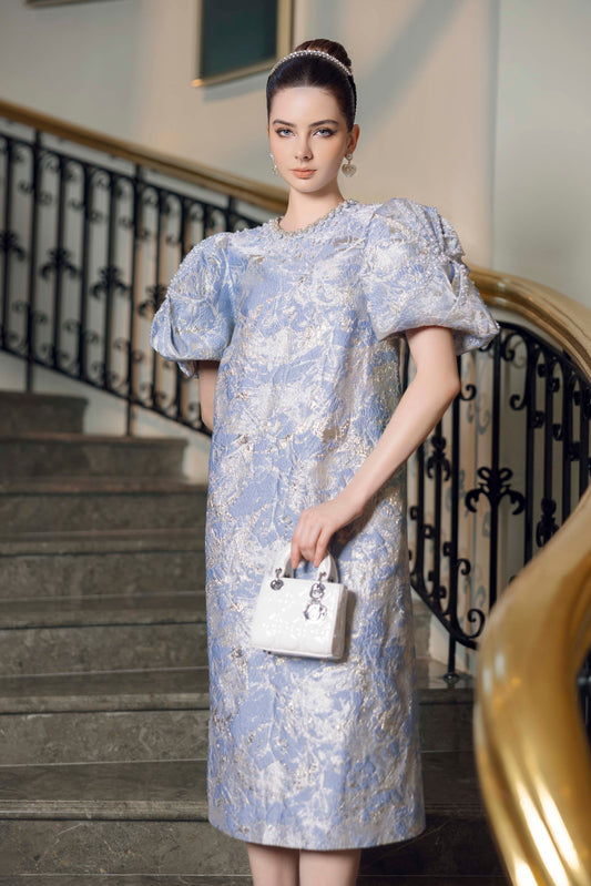 Blue Floral Jacquard Midi Dress with Puff Sleeves