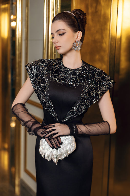 Black Sheath Dress with Embellished Cape and Sheer Sleeves