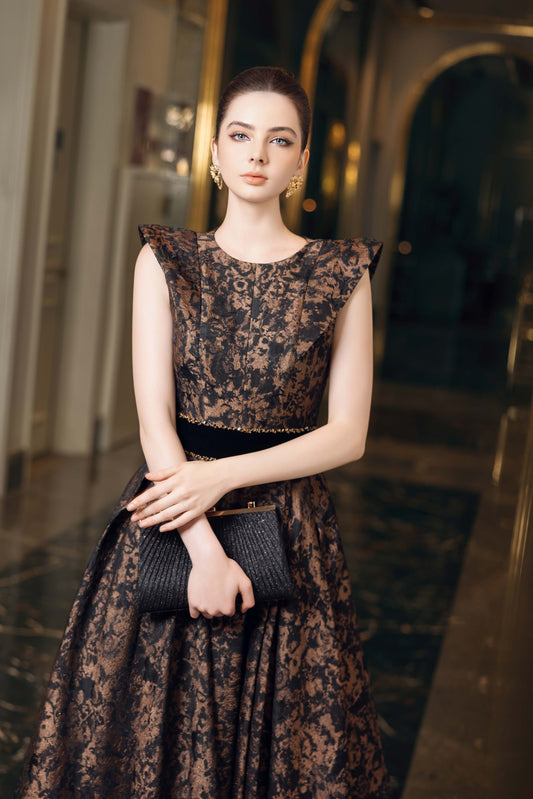 Bronze Floral Jacquard Evening Gown with Velvet Waistband