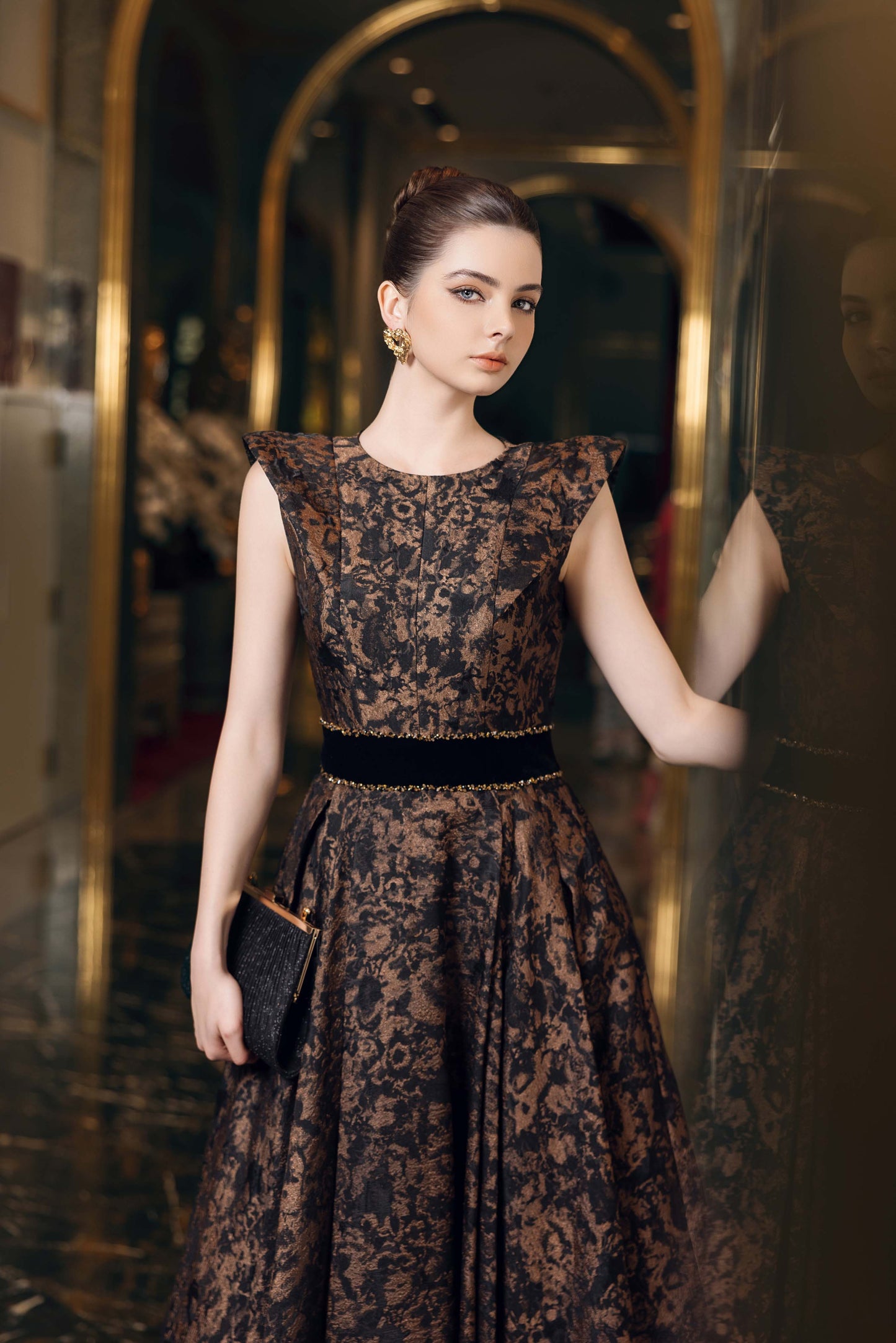 Bronze Floral Jacquard Evening Gown with Velvet Waistband