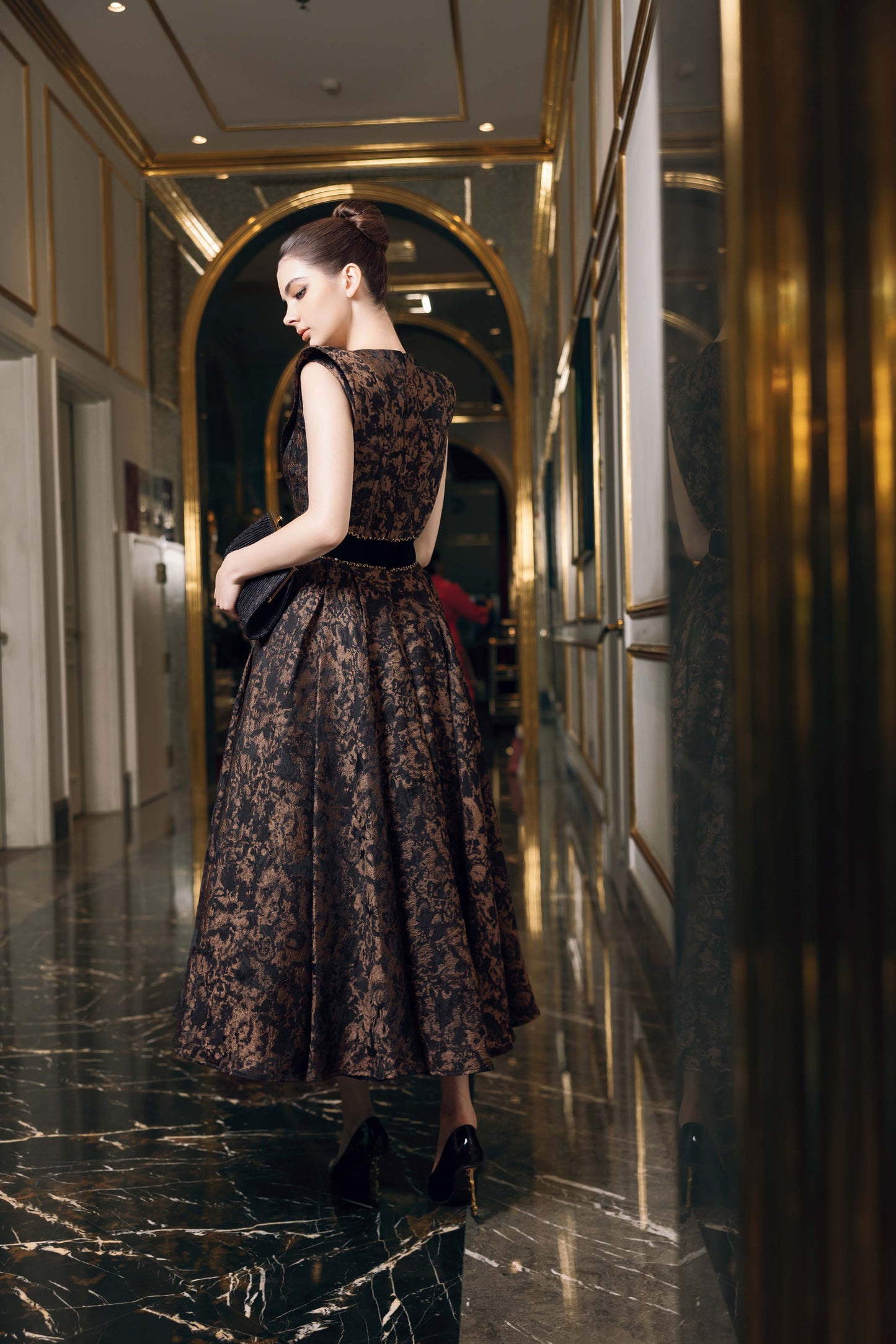 Bronze Floral Jacquard Evening Gown with Velvet Waistband