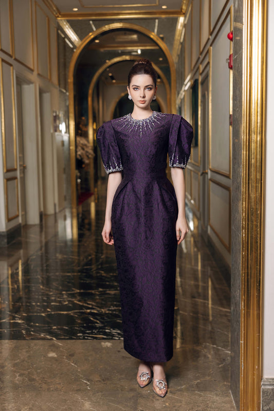 Purple Jacquard Evening Gown with Puff Sleeves & Embellished Neckline