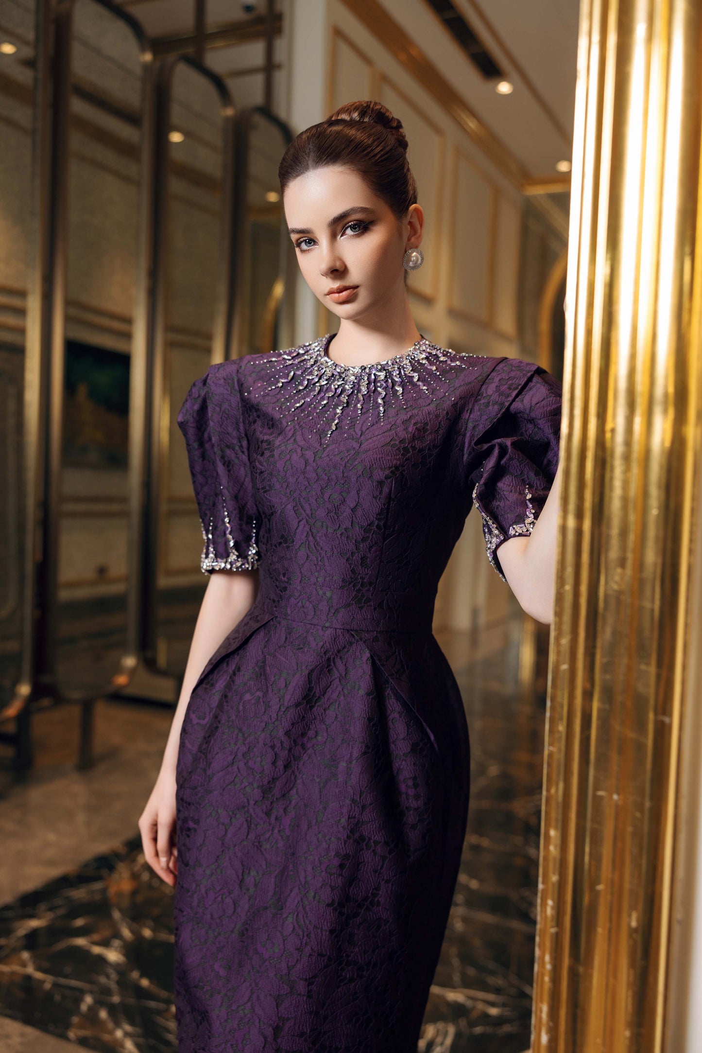 Purple Jacquard Evening Gown with Puff Sleeves & Embellished Neckline