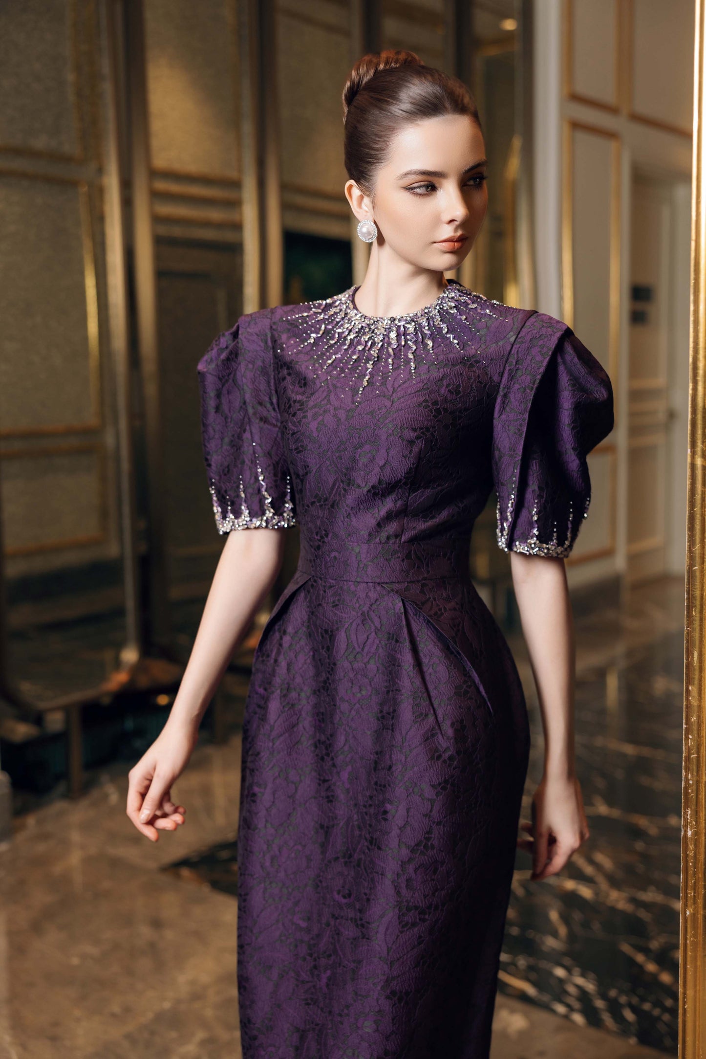 Purple Jacquard Evening Gown with Puff Sleeves & Embellished Neckline