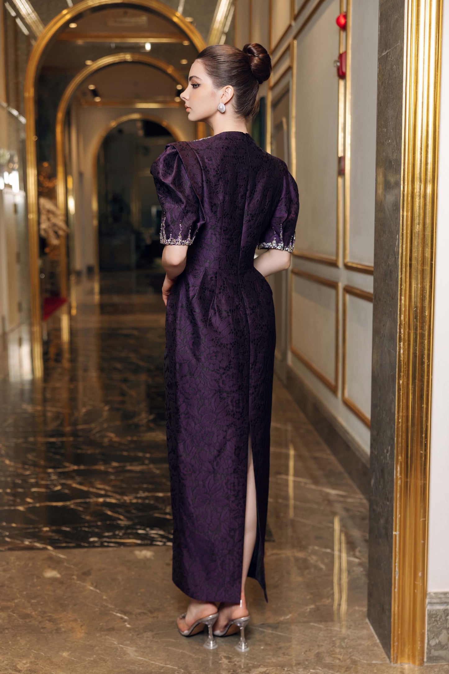 Purple Jacquard Evening Gown with Puff Sleeves & Embellished Neckline