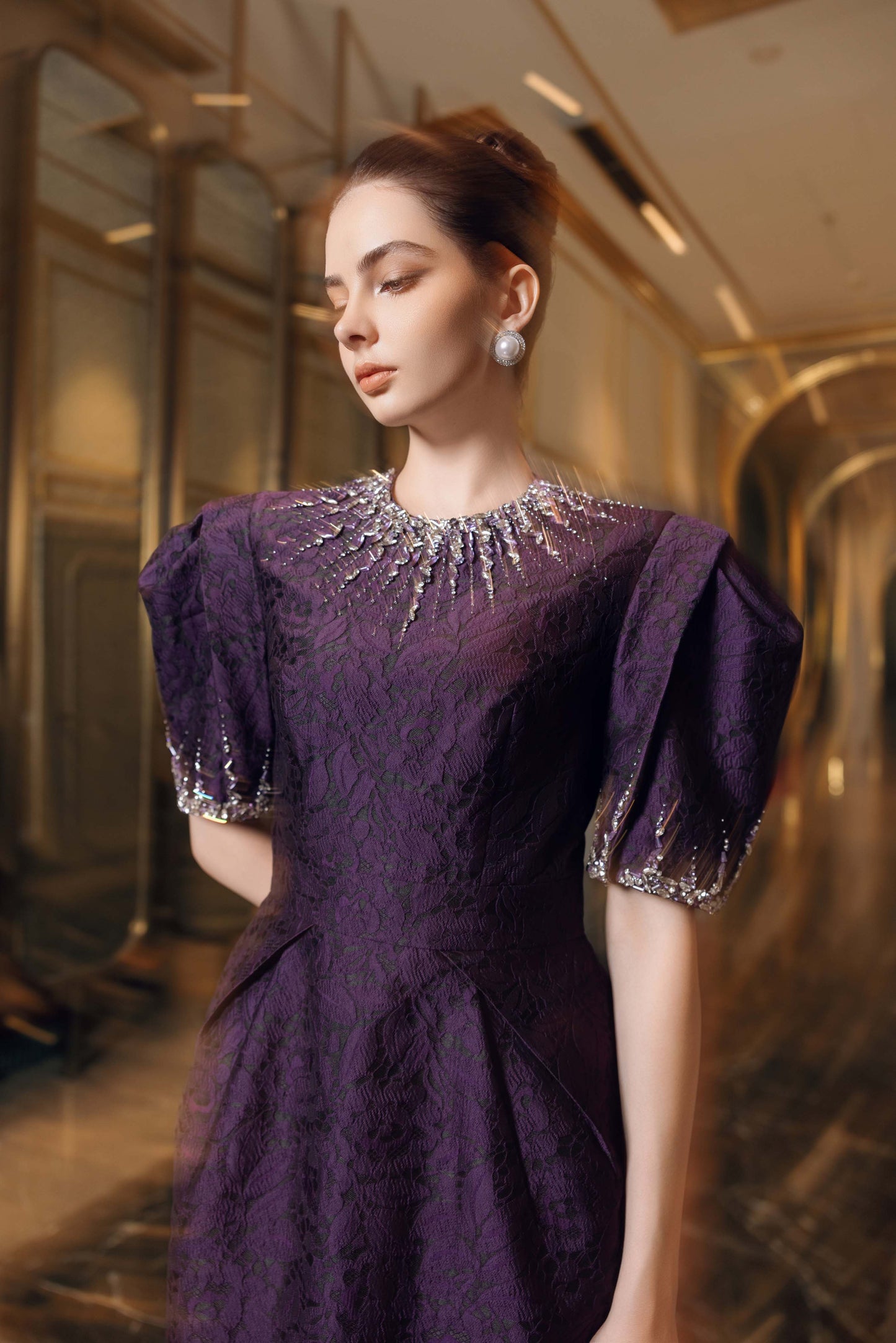 Purple Jacquard Evening Gown with Puff Sleeves & Embellished Neckline