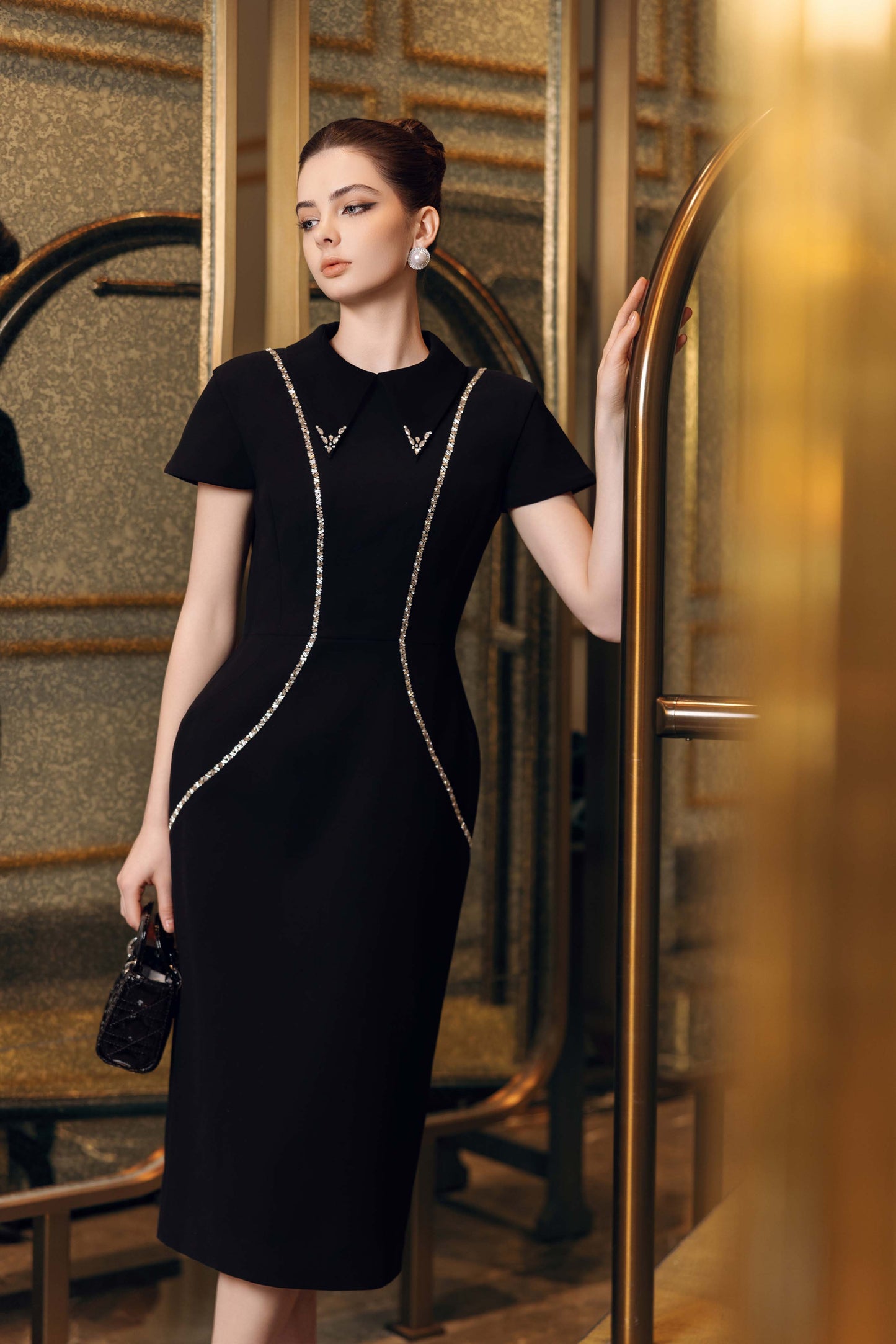 Black Midi Dress with Crystal Embellishments and Cap Sleeves
