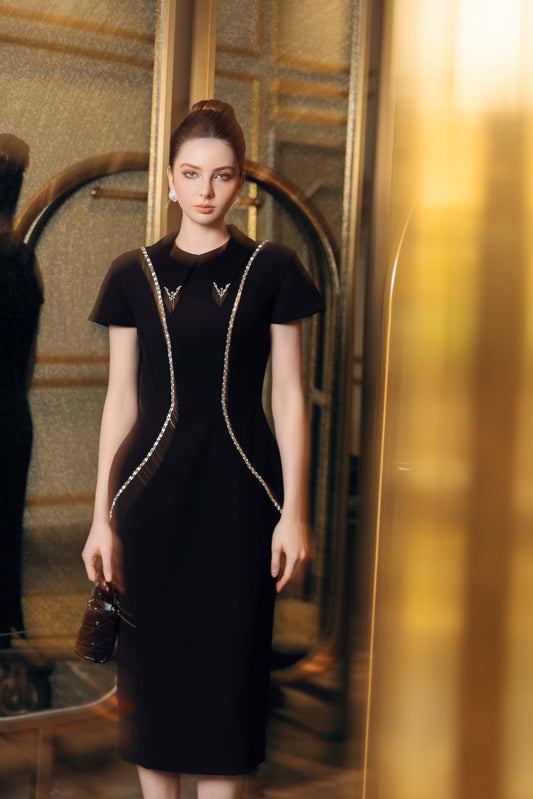 Black Midi Dress with Crystal Embellishments and Cap Sleeves