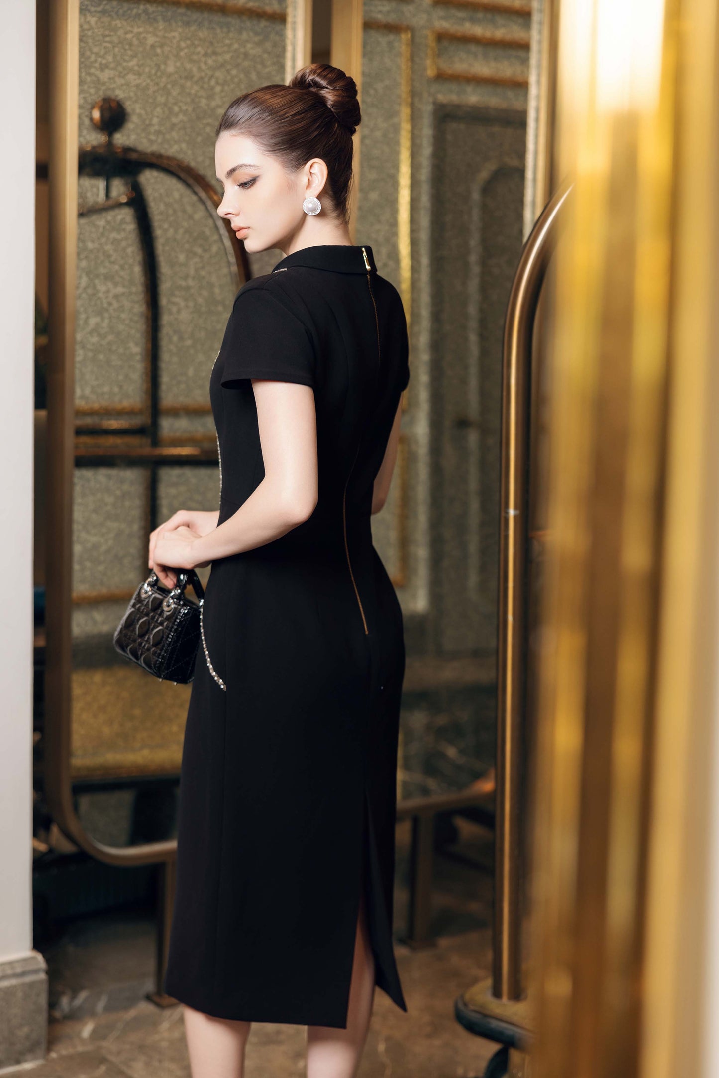 Black Midi Dress with Crystal Embellishments and Cap Sleeves