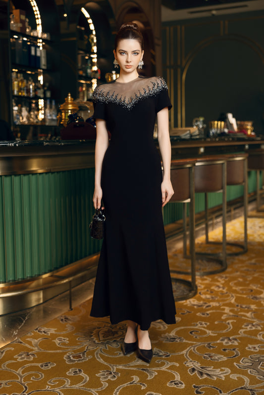 Black Gown with Sheer Beaded Neckline