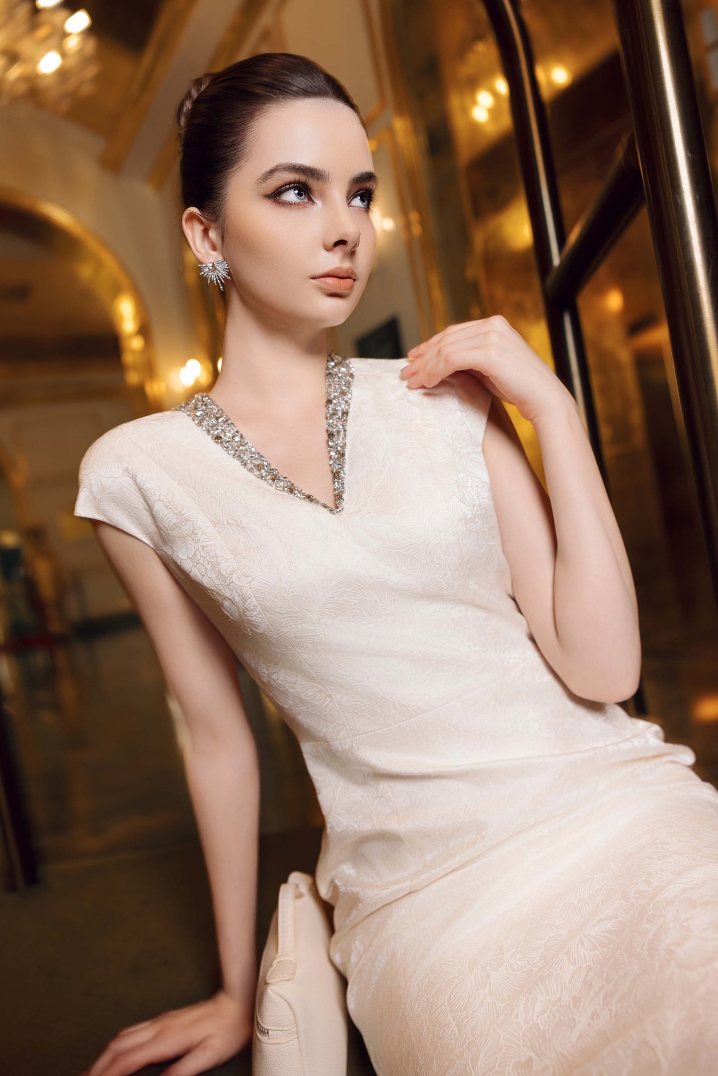 White Embellished V-Neck Midi Dress for Formal Occasions