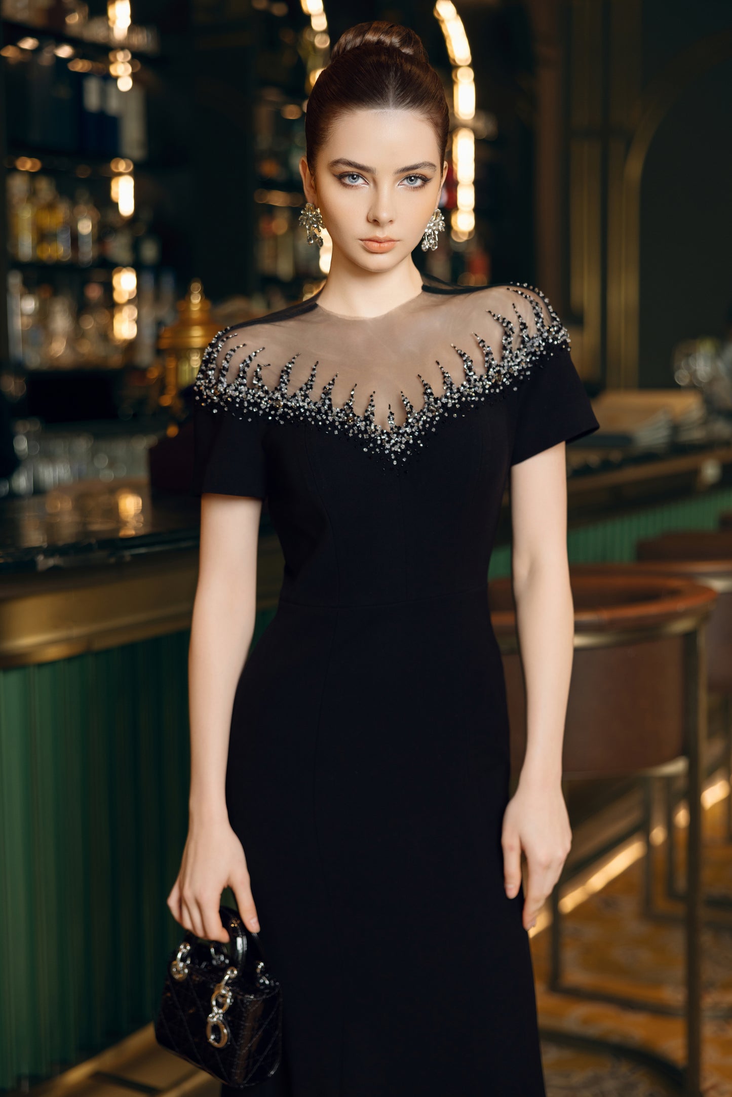 Black Gown with Sheer Beaded Neckline