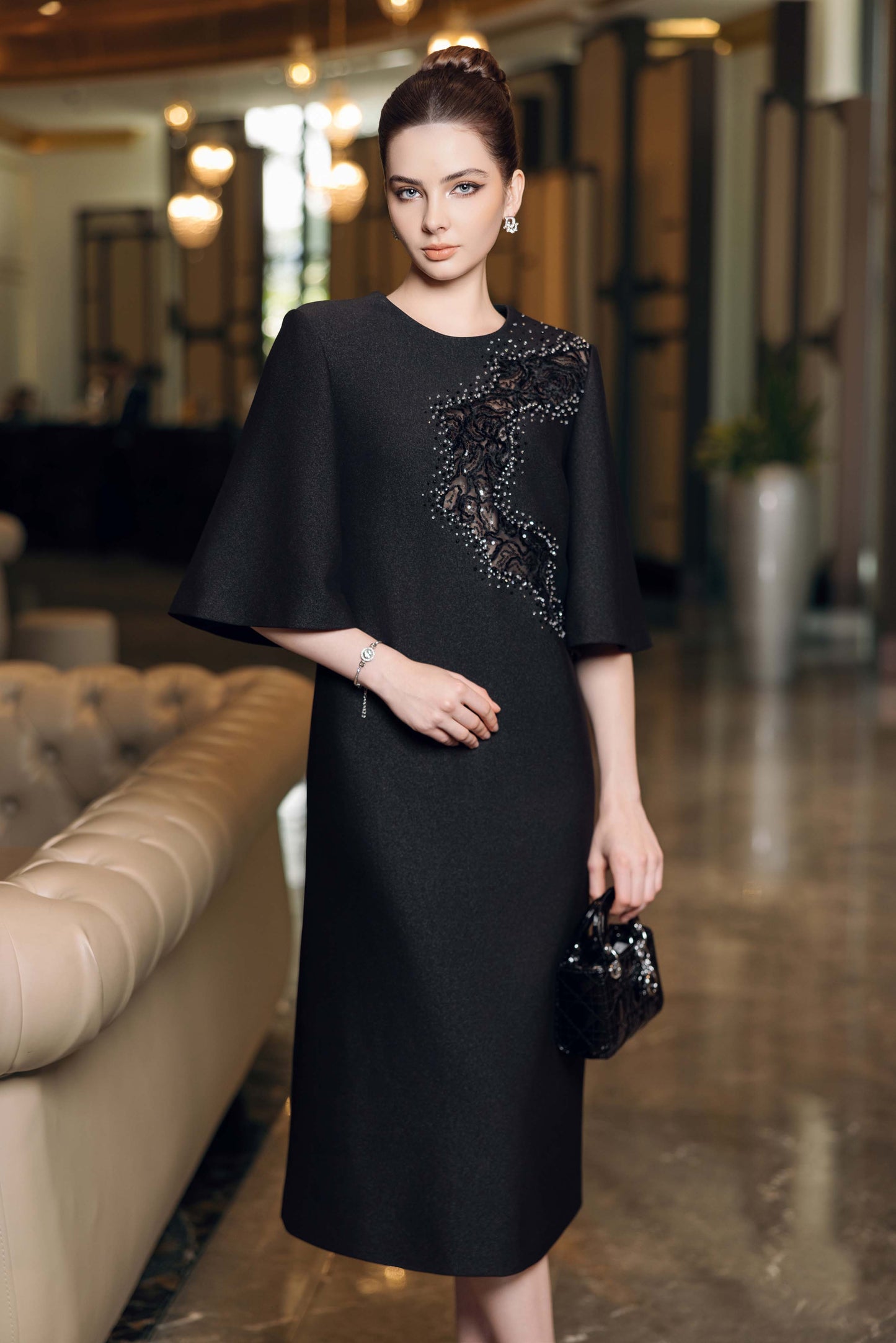 Black Midi Dress with Beaded Appliqué and Flared Sleeves