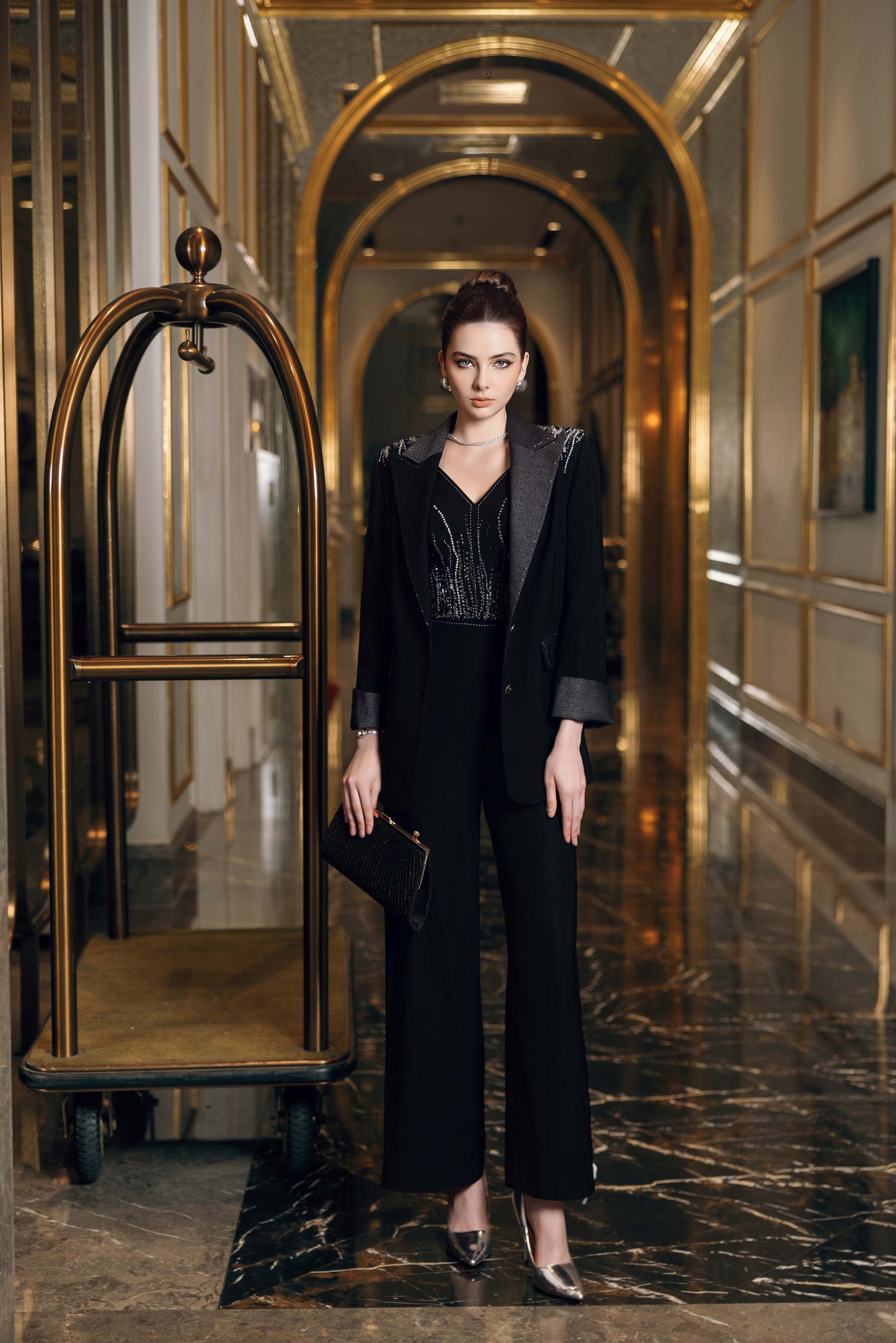 Black Embellished Blazer with Wide-Leg Jumpsuit