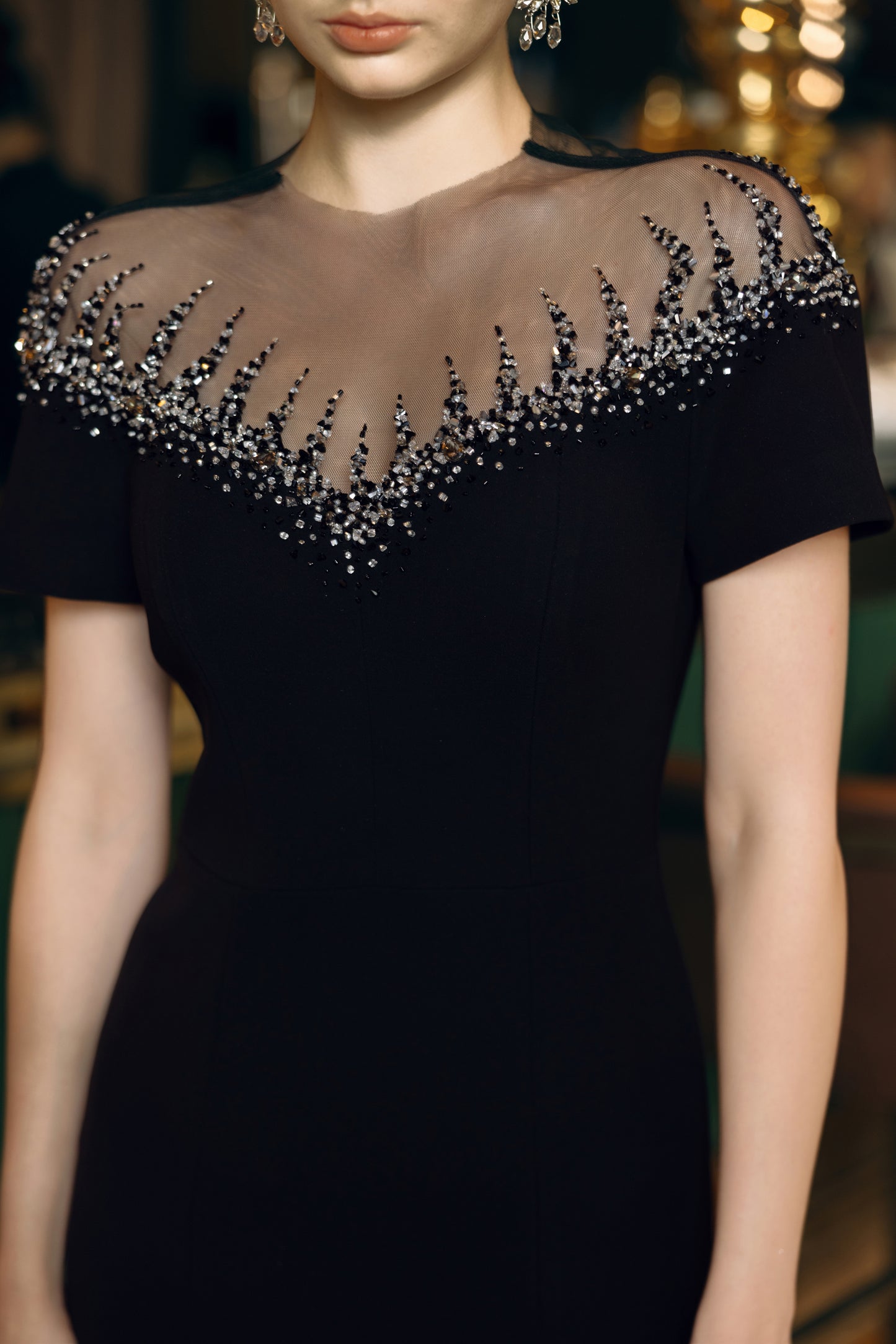 Black Gown with Sheer Beaded Neckline