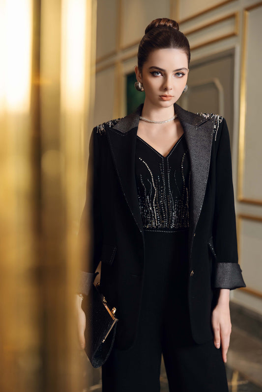 Black Embellished Blazer with Wide-Leg Jumpsuit