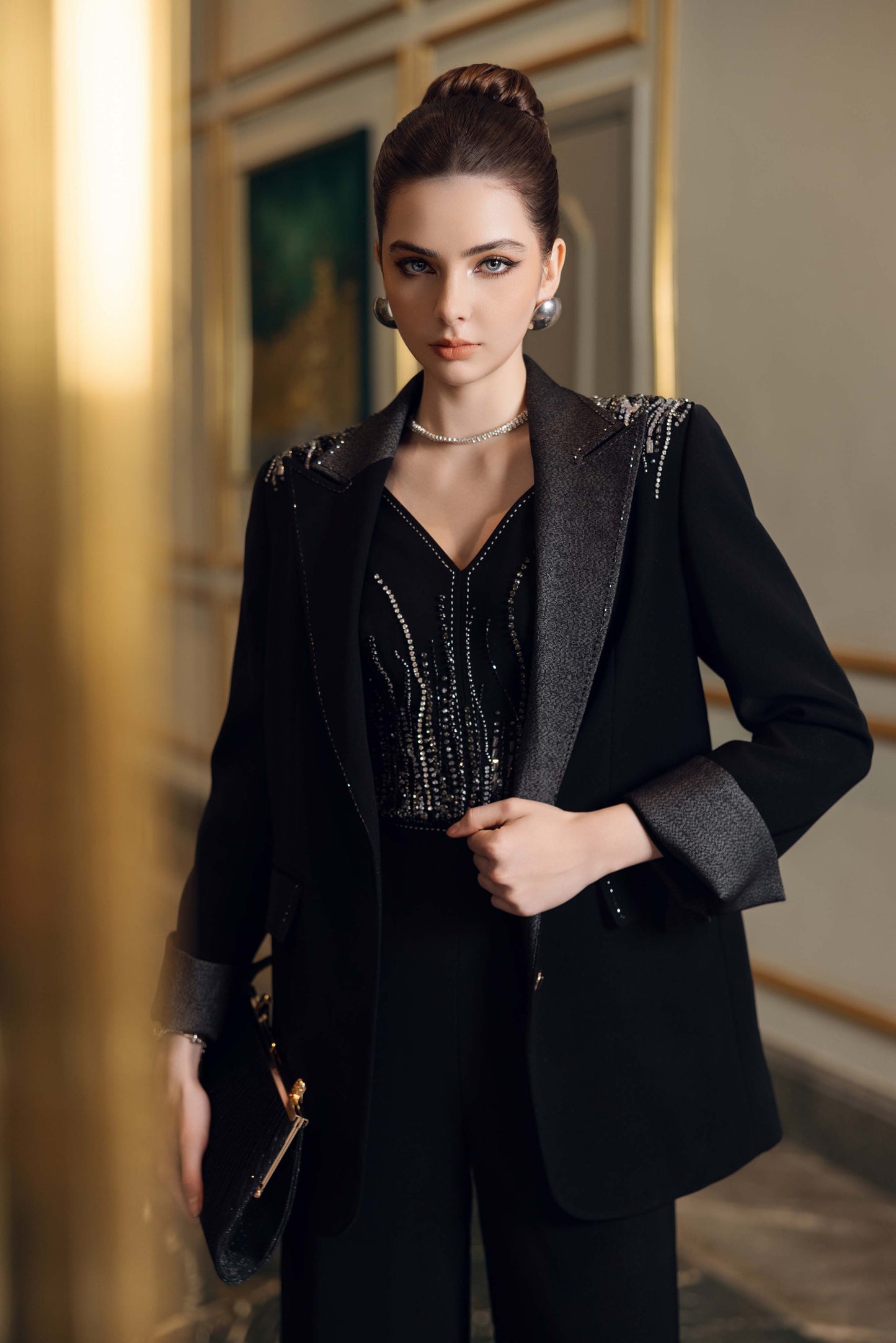 Black Embellished Blazer with Wide-Leg Jumpsuit