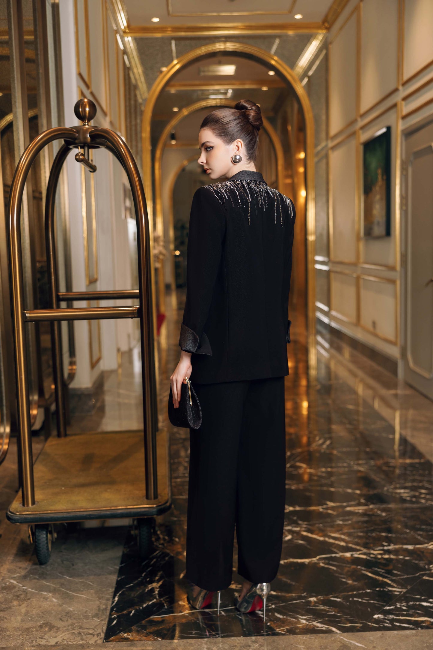 Black Embellished Blazer with Wide-Leg Jumpsuit