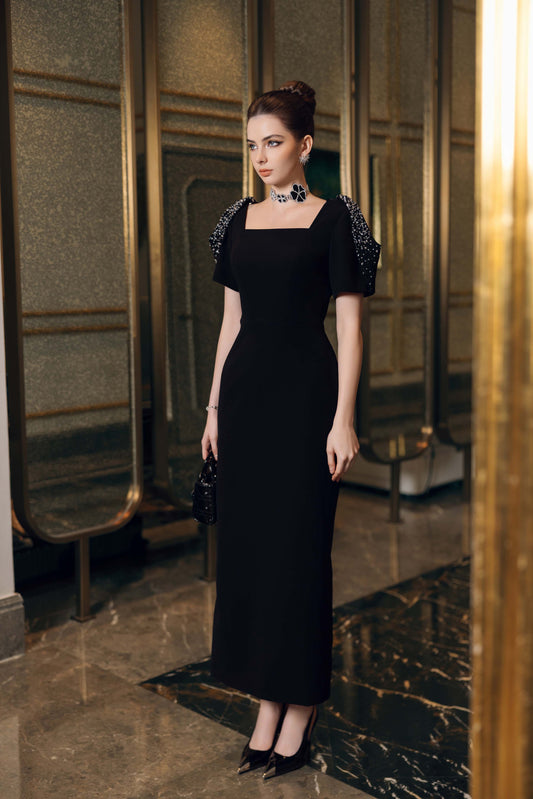 Black Square-Neck Gown with Embellished Cape Sleeves