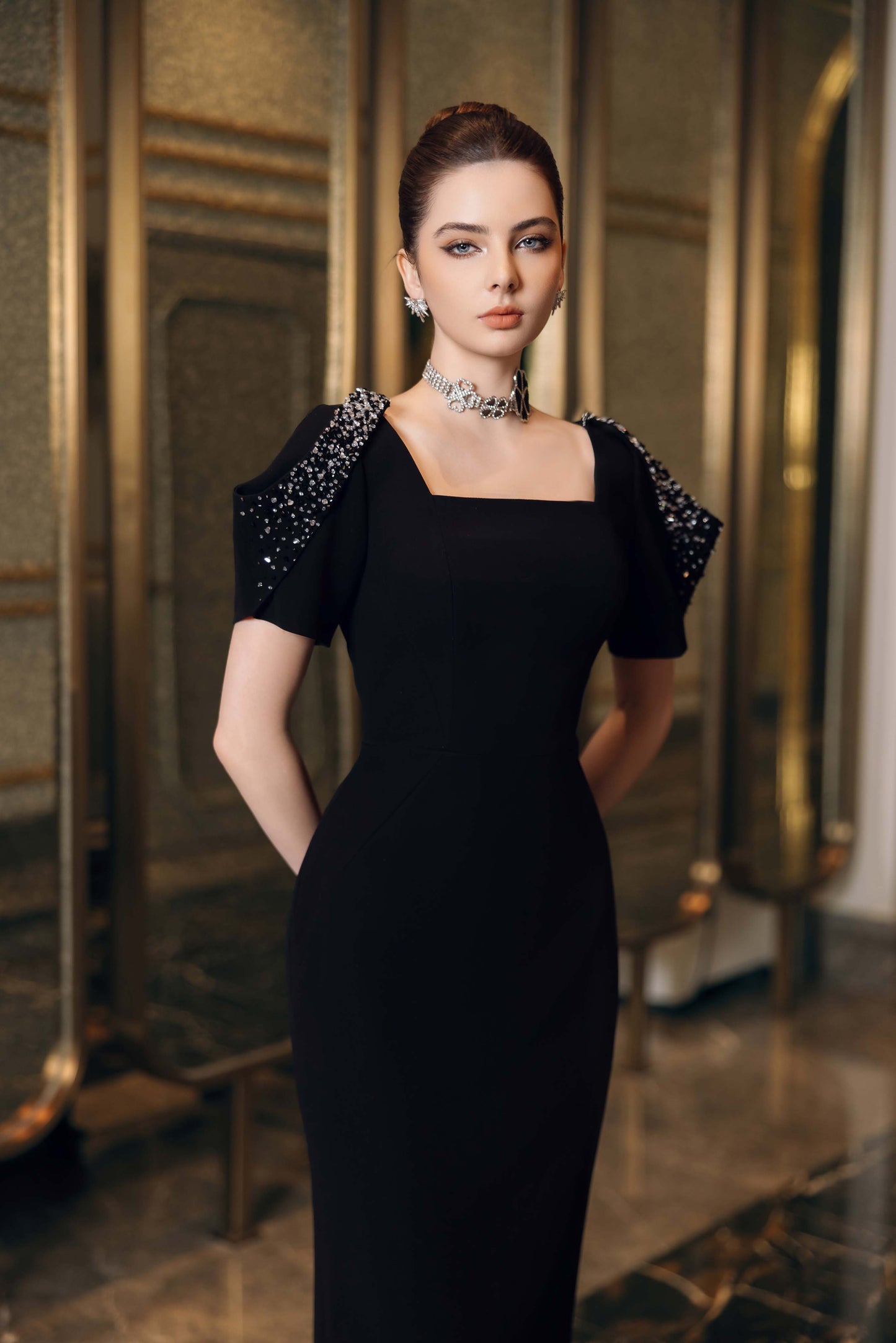 Black Square-Neck Gown with Embellished Cape Sleeves