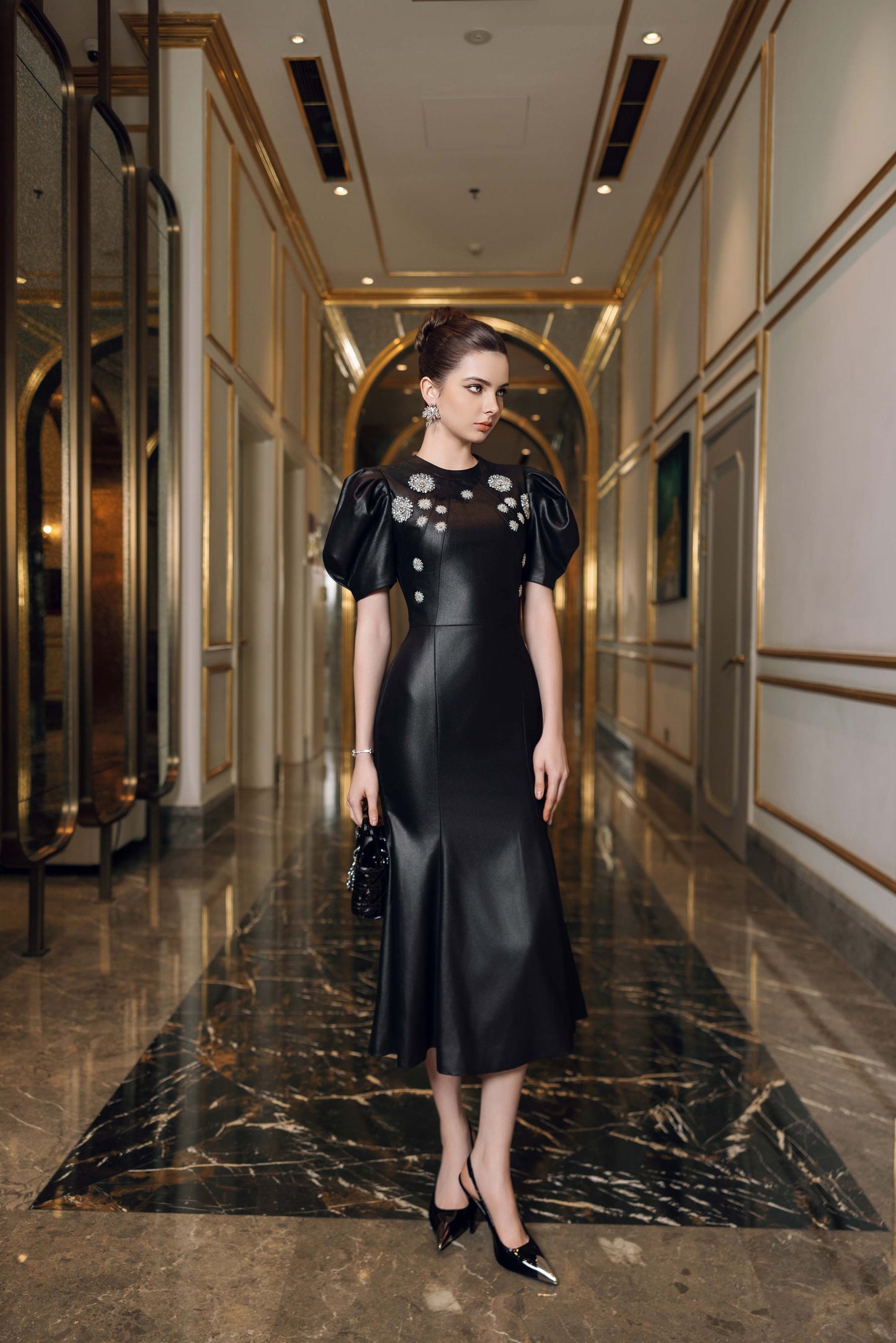 Black Faux-Leather Midi Dress – Puff Sleeve A-Line Gown with Embellishments
